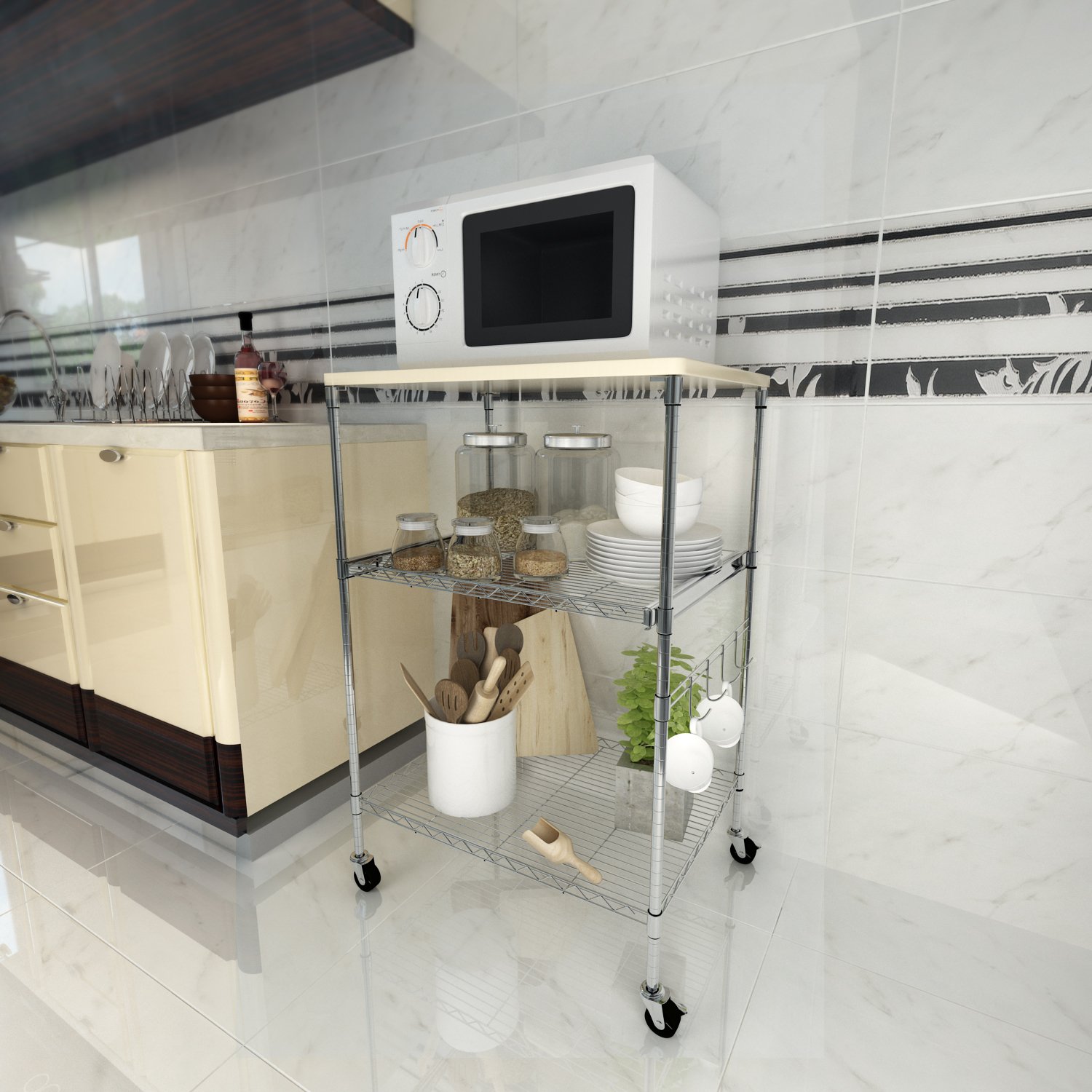 BATHWA 3Shelf Wire Shelving Microwave Carts with Storage and Drawers
