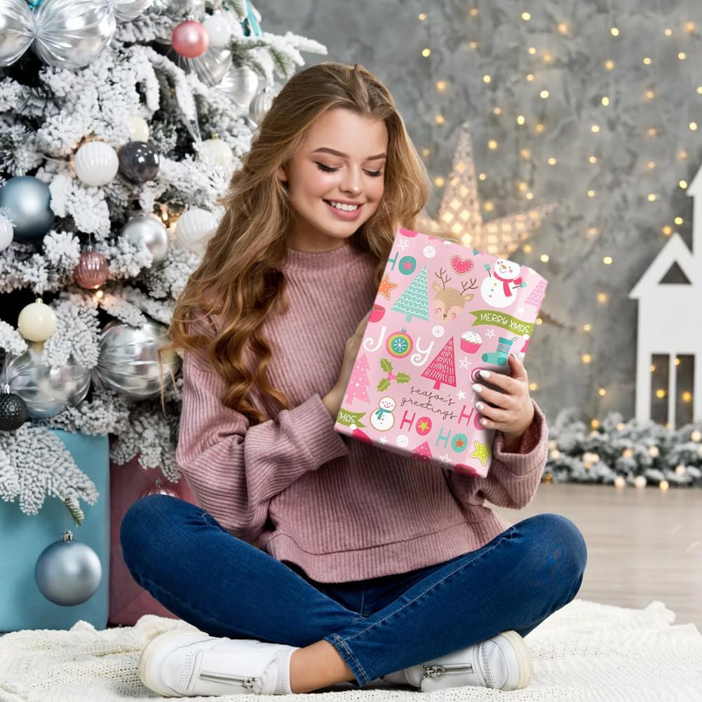 Vintage Baby Pink Merry Christmas Xmas Wrapping Paper 6 Sheets With Matched Pink Color Ribbon Folded Flat 20x28 inches per sheet For Kids Girls Boys Women Unique Xmas Decorative Paper and Holiday Gift image 5