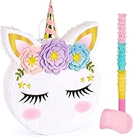 Vista 8 de Piñata plegable de unicornio, suministros para fiesta de cumpleaños, piñata extensible con bate y flecos, decoración de fiesta temática, piñatas