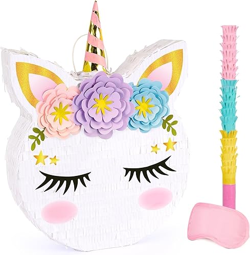 Miniatura 8 de Piñata plegable de unicornio, suministros para fiesta de cumpleaños, piñata extensible con bate y flecos, decoración de fiesta temática, piñatas