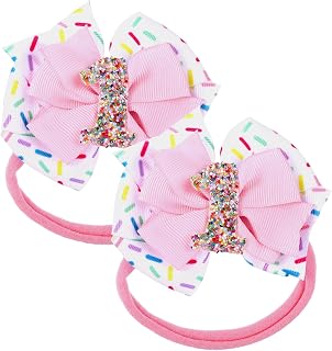 2pcs Birthday Hair Bow for Baby Girls, Sprinkle Confetti 1st Birthday Girl Headband, Ice Cream Party Theme Bow Clips for Baby Girls Pink Hair, Happy 1st Birthday Girl Hair Bow Clips