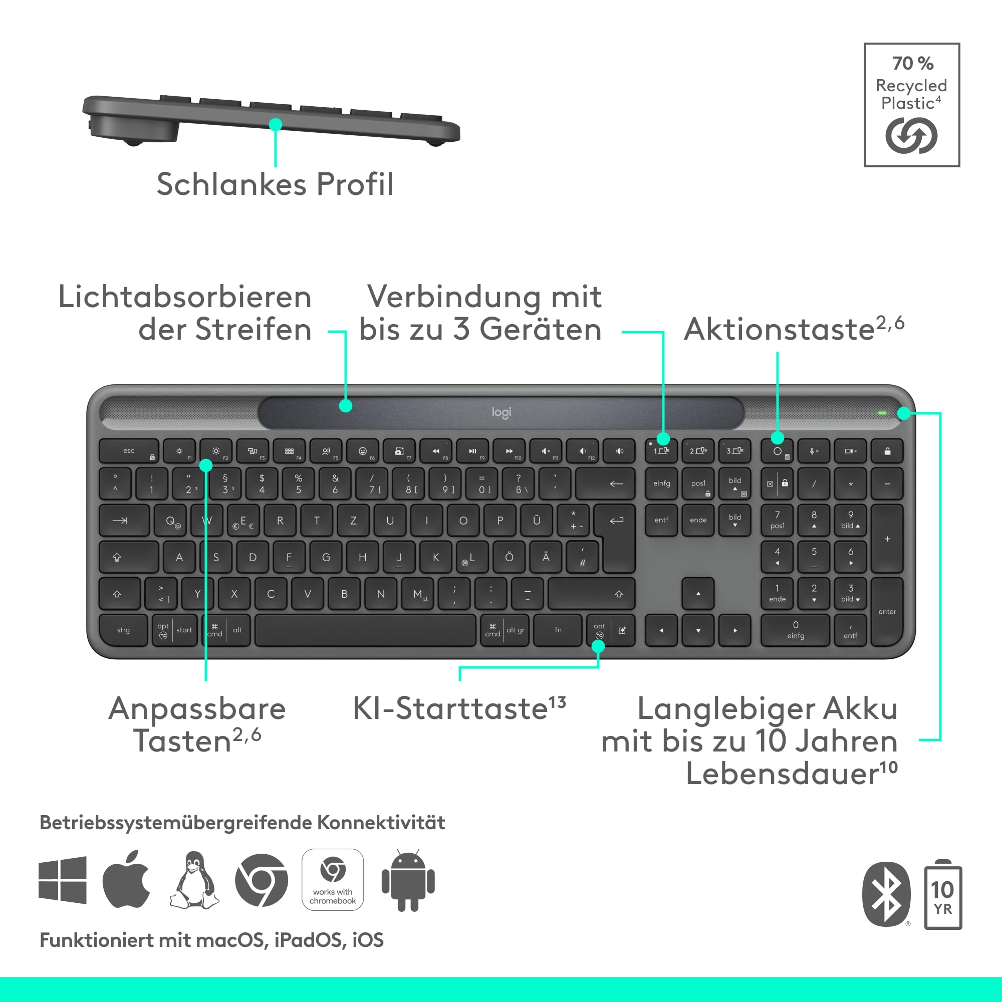 Logitech Signature Slim Solar+ kabellose Tastatur, solarbetrieben, auch mit künstlichem Licht, langlebiger Akku mit bis zu 10 Jahren Haltbarkeit, anpassbare Tasten, Bluetooth, DEU QWERTZ - Graphit