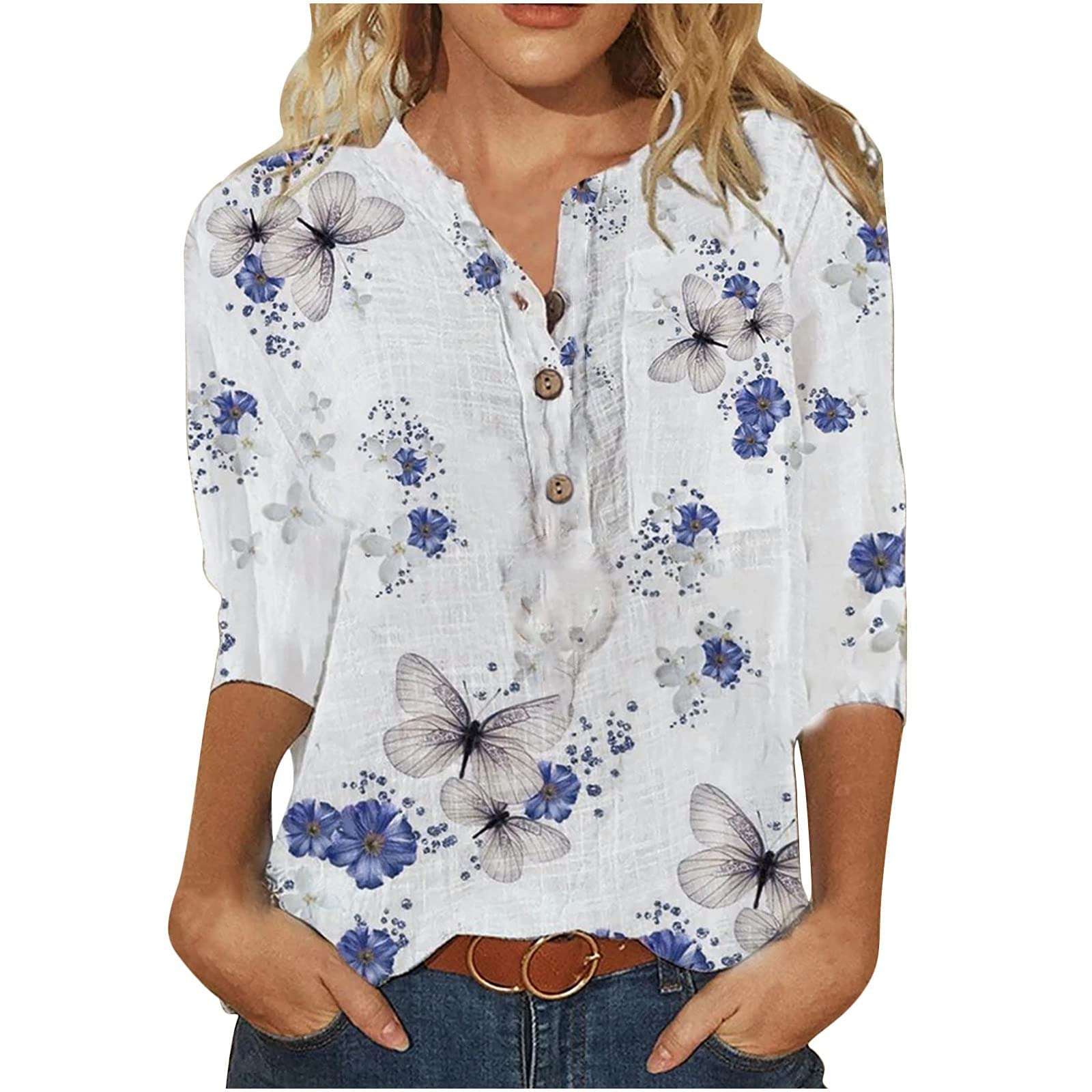 Damen Bluse Mit V-Ausschnitt - Kurzarm Oberteil Mit Blumendruck Für Casual Style