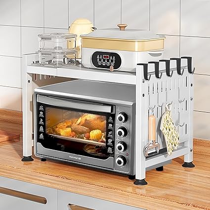 Mensola Regolabile Per Microonde Con 6 Ganci - Scaffale Per Cucina Con Tagliere E Secchio, Supporto Fino A 50 Kg (Nero) - Foto 3