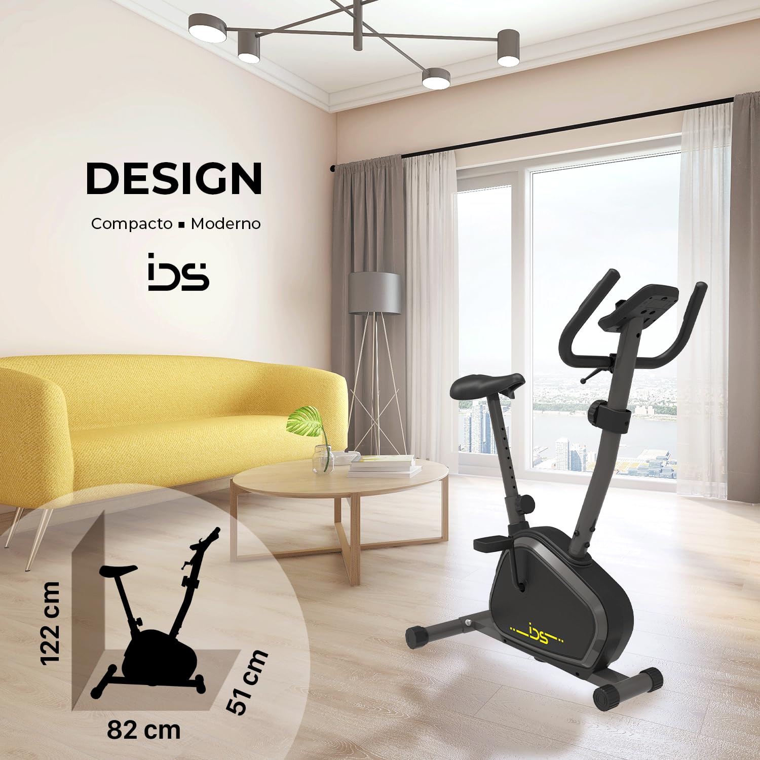 IDS Bicicleta estática C100, Resistencia magnética 8 niveles, Pantalla digital multifunción, Sensores cardíacos, Asiento cómodo XL ajustable, Pedales EasyFlow, Profesional, segura y estable