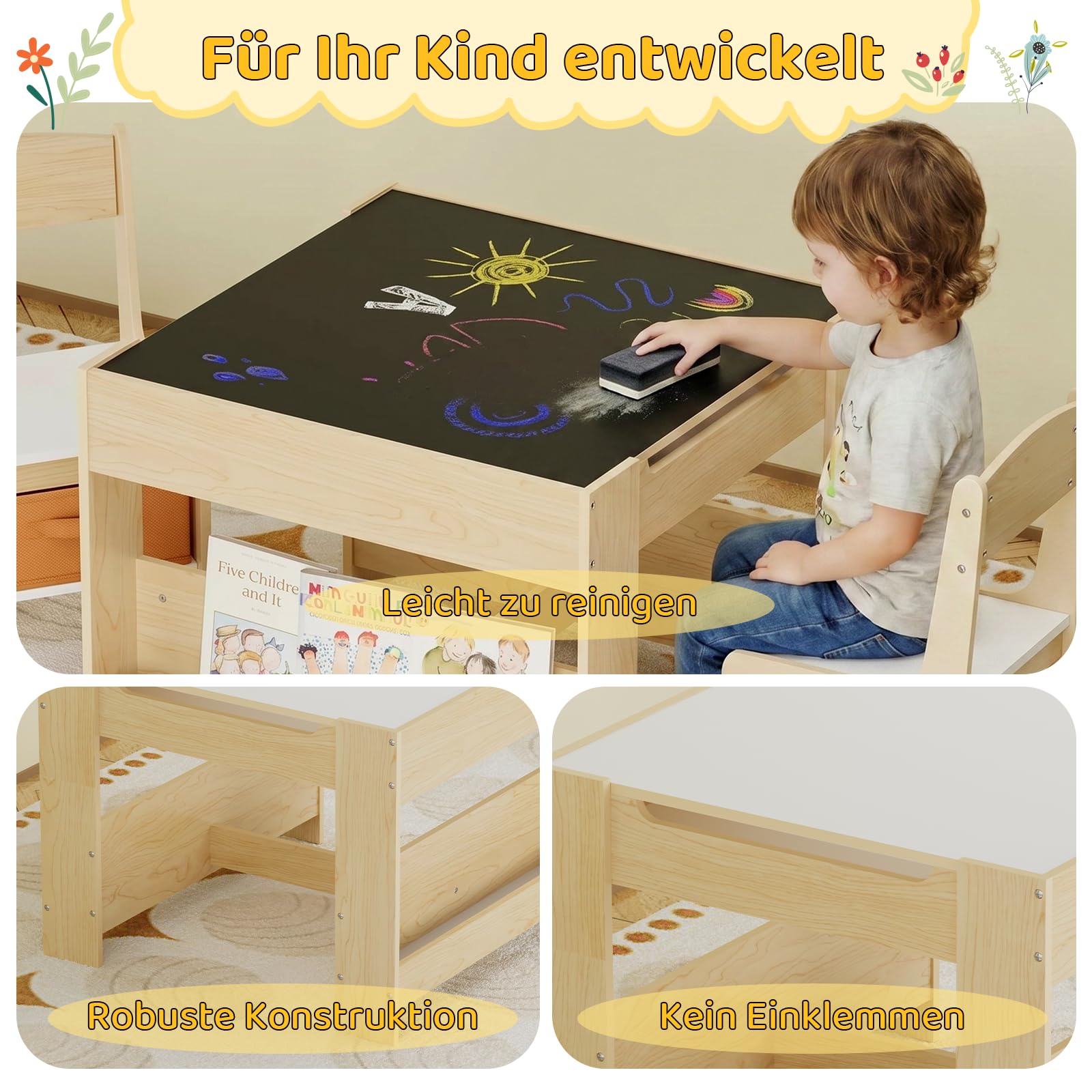 Clevich Kindersitzgruppe Holz mit Stauraum, Kindertisch mit 2 Stühlen, Holz | Tisch & Stühle Set mit Bücherregalen, Kinder Maltisch & Basteltisch, für Kinderzimmer, Spielzimmer, Kindermöbel ab 3 Jahren