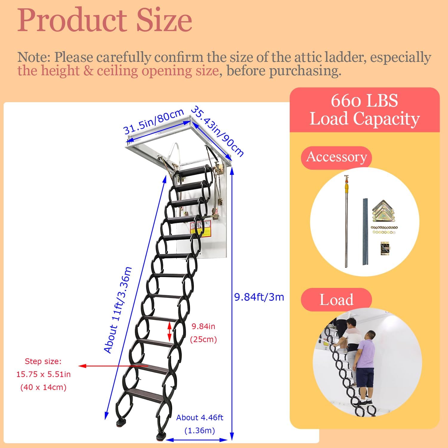 12 Steps Attic Ladder Pull Down System, Carbon Steel Attic Ceiling Folding Ladder Stairs, 9.84ft Height, 660lbs Load, Ceiling Open Size 31.5'' x 35.43'', Chocolate S-Bend Structure