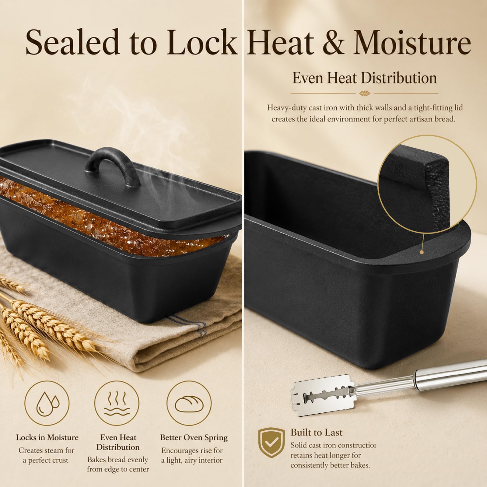 QuliMetal Molde ovalado de hierro fundido con tapa, molde para hornear pan artesanal de masa madre, pre-sazonado, 3.2 cuartos de galón, con kit de inicio de masa madre, molde para hornear pan