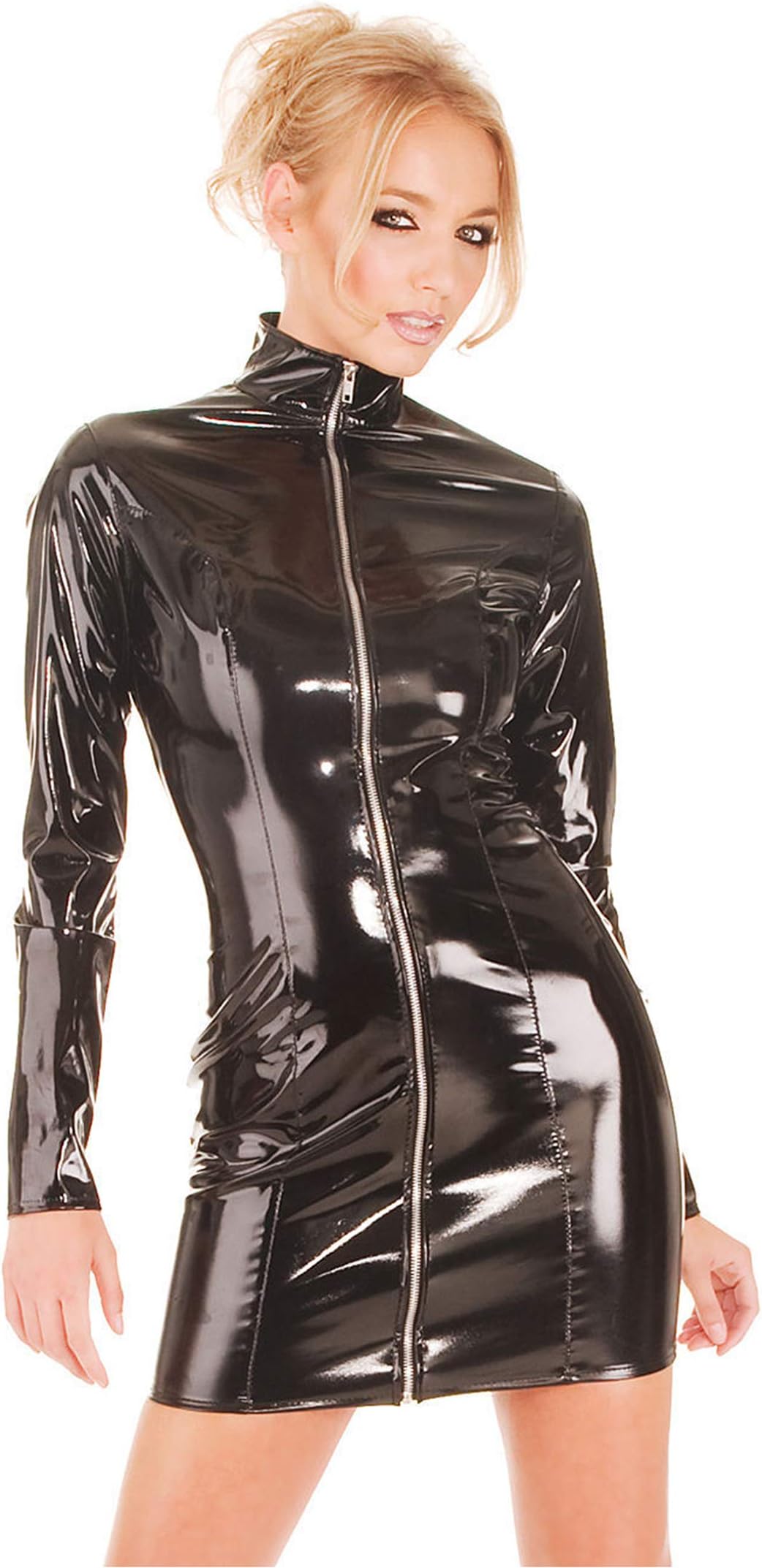 WYYSYNXB Sexy Women's PVC Leather Skirt Long Sleeve Stand-Up Collar Dress Front Zipper Hip Skirt Bar DS Costumes S-2XL Code Black