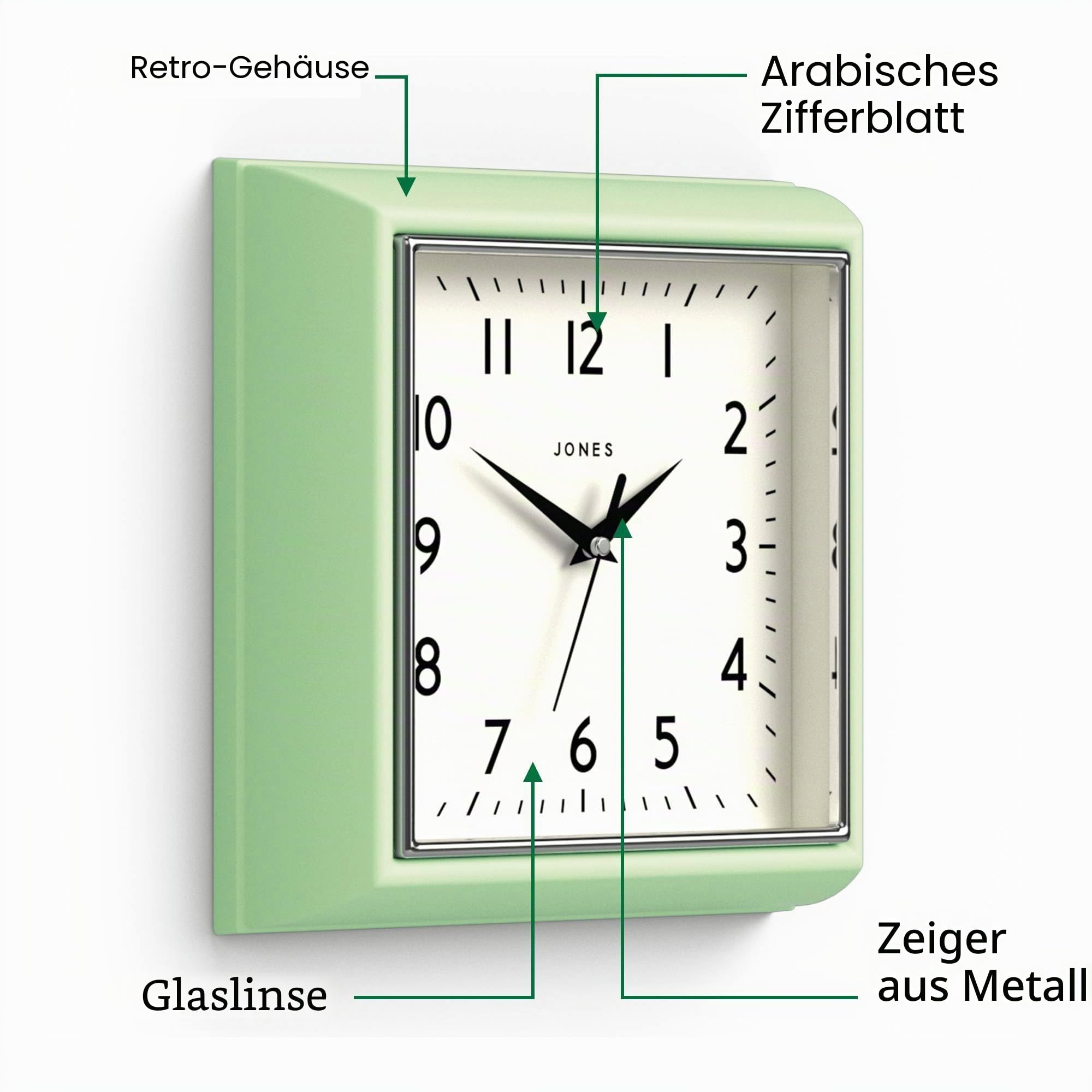 JONES CLOCKS® Mustard Wanduhr | Quadratische retrouhr | 25 cm | Neo-mintgrün | Diner-Stil | Perfekt für küche, Wohnzimmer oder büro