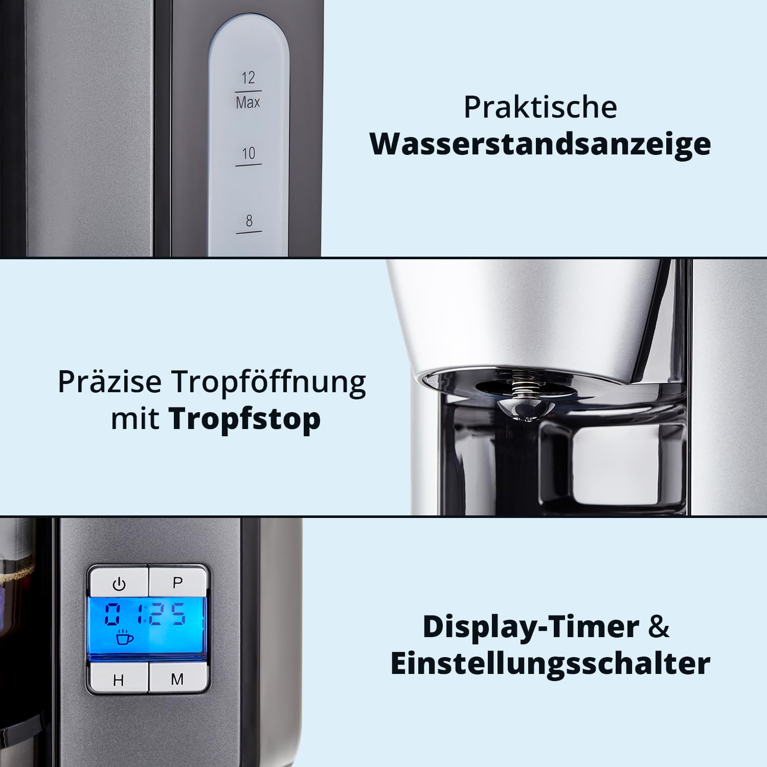 KHG Frühstücksset Wasserkocher Toaster Kaffeemaschine Skandi Look Grau Edelstahl 1,7 Liter 2 Toast Scheiben 12 Tassen