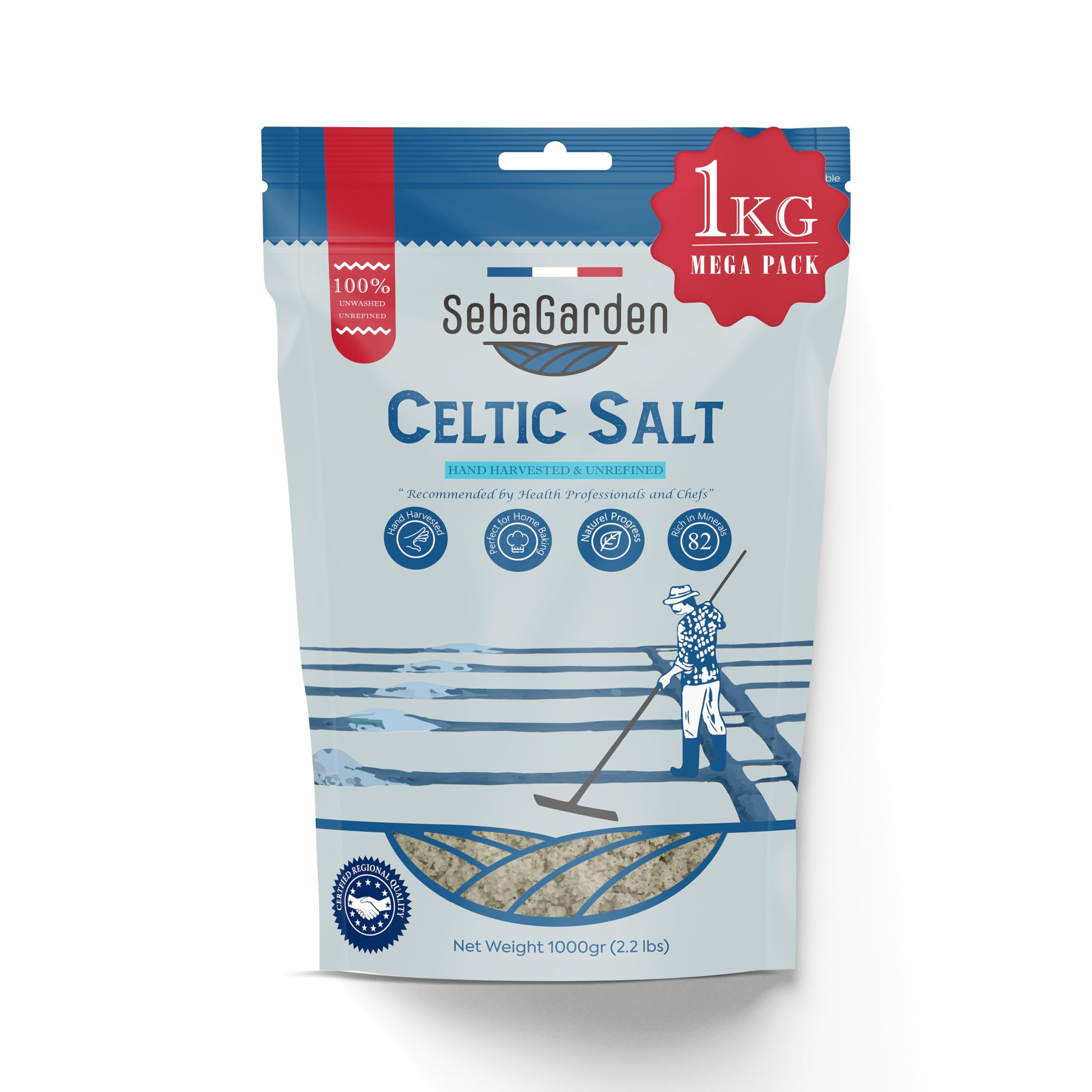 Seba Garden Celtic Sea Salt Grey, 1kg, Award-winner Salt, Certificated Organic Reseallable Bag of Grey Sea Salt, Hand Harvested, Contains Over 82 Essential Minerals