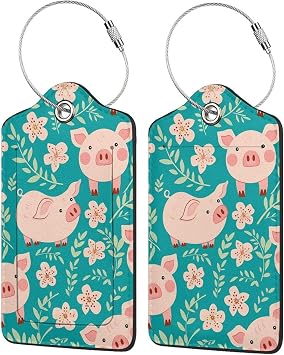 Blue Flower Pig Leather Luggage Tags with Stainless Steel Loop 2 Pack Suitcase Tags Travel Luggage Identifiers for Suitcases Privacy Cover Name Tag for Kids Adult