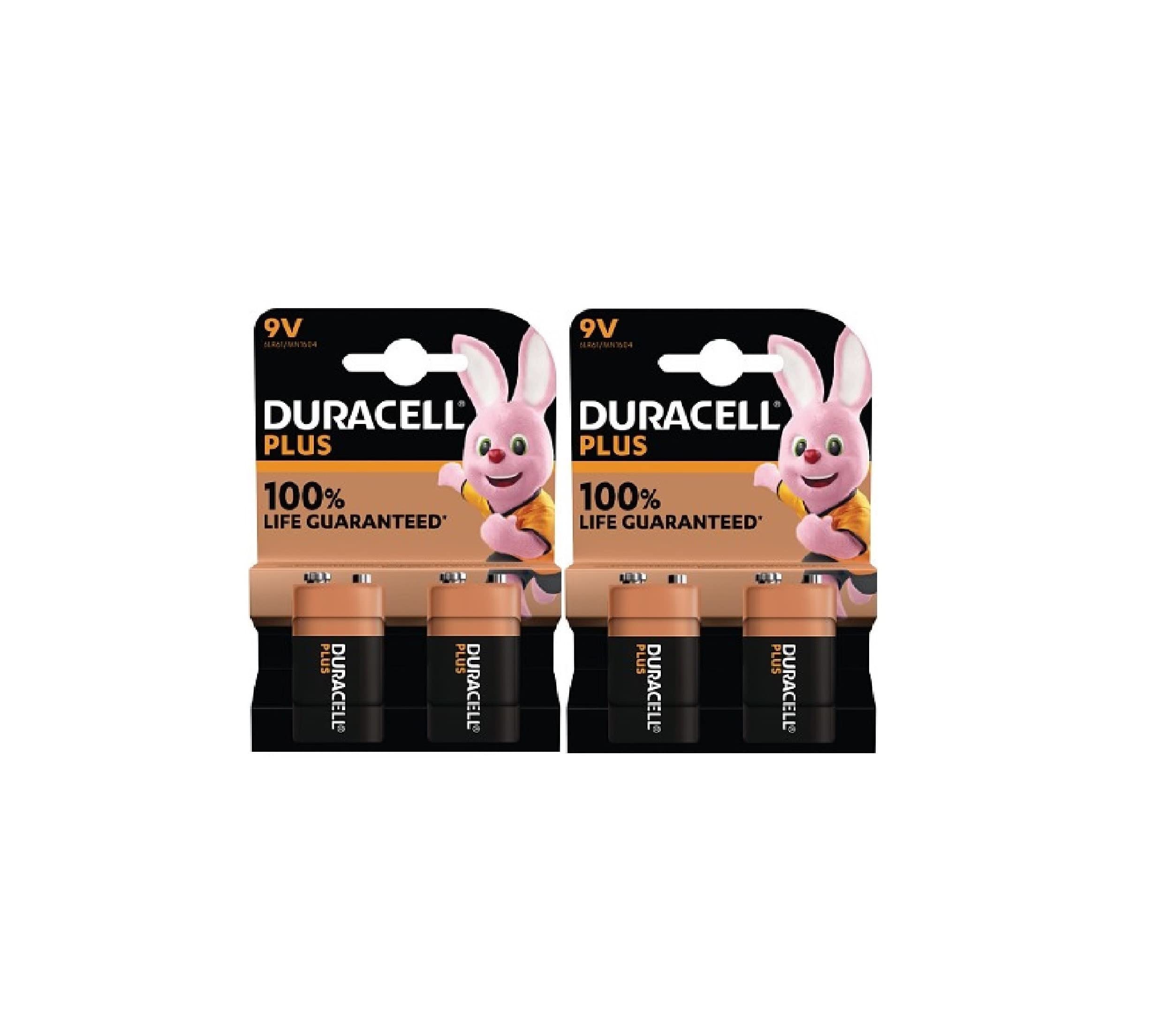 4X Duracell 9V Plus 6LR61/MN1604 Alkaline (2 Blister Packs of 2 Batteries) 4 Batteries