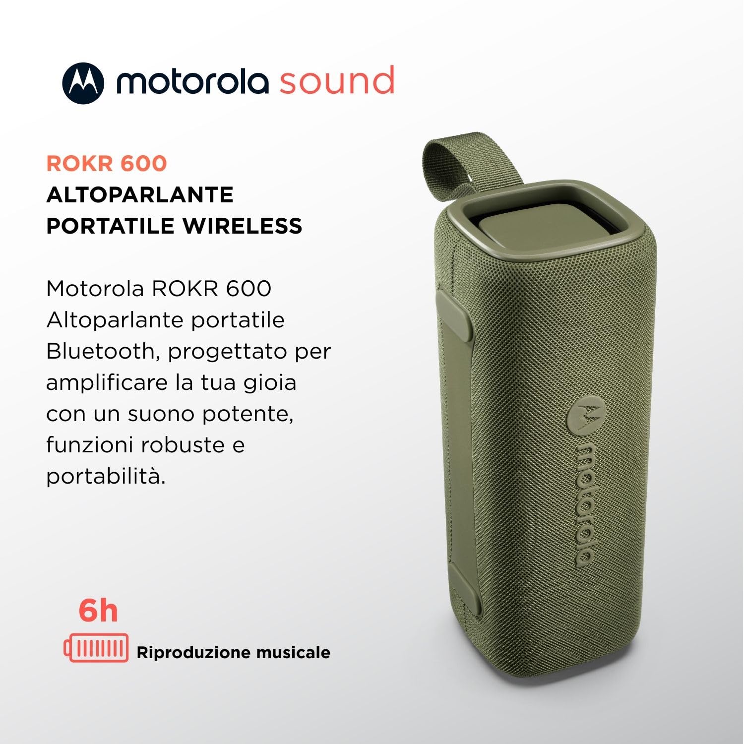 Motorola Sound - Altoparlante Bluetooth wireless ROKR 600 - Suono potente da 30 W, resistente all'acqua e polvere, funzione broadcast per collegare oltre 20 altoparlanti, 6 ore di riproduzione, verde