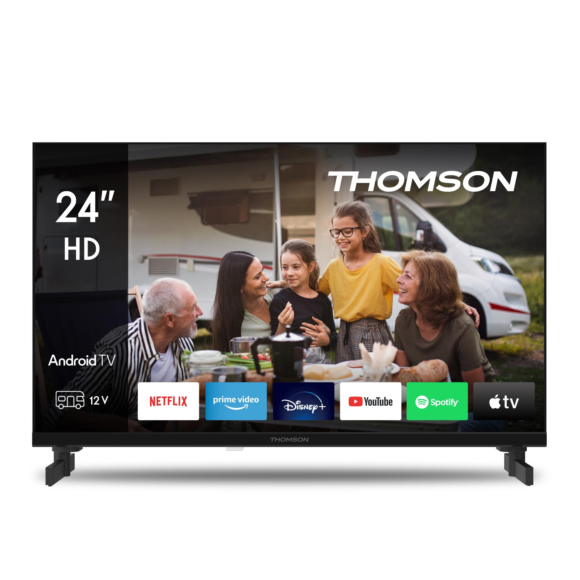 THOMSON 24 Zoll (60 cm) LED HD 12V Camping Smart Android TV, Google Assistant, Wi-Fi, Dolby Digital, Bluetooth, Triple-Tuner (Kabel/Satellit/Antenn), HDMI, CI Plus, A Plus Panel- 24HA2S13C