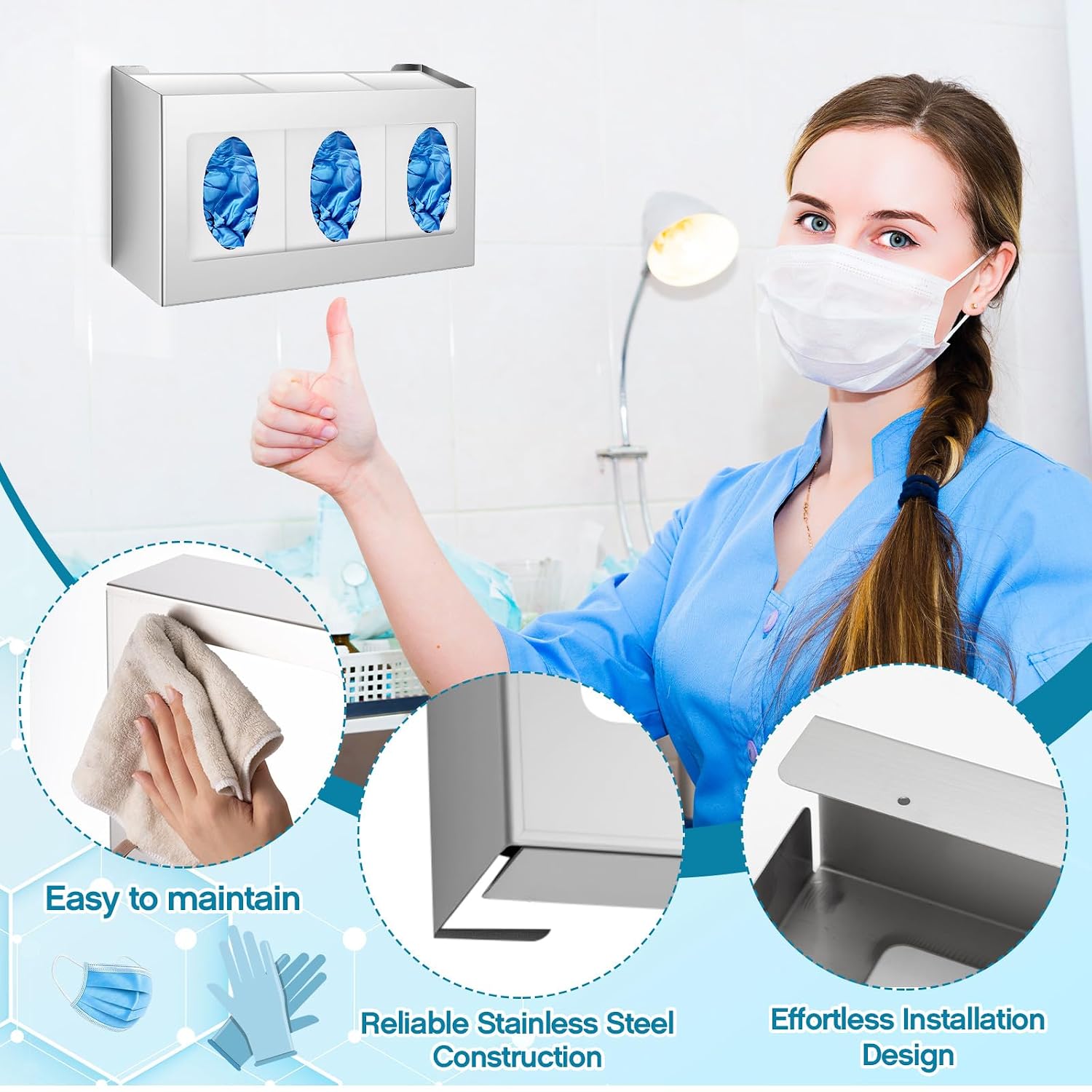 Blulu 2 Pcs Stainless Steel Triple Glove Box Holder Triple Glove Dispenser Wall Mount for Organize Gloves, 10" H x 16" W x 3 3/4" D