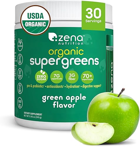 Zena Nutrition Polvo orgánico súper verde, más de 70 superalimentos, 0 azúcar, fibra 3G, espirulina, clorella, champiñones, prebióticosprobióticos,