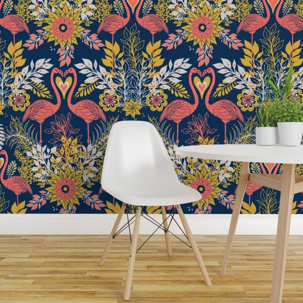 Removable Wallpaper 6ft x 2ft - Flamingo Water Garden Flowers Floral Birds Animals Heart Love Custom Pre-Pasted Wallpaper by Spoonflower