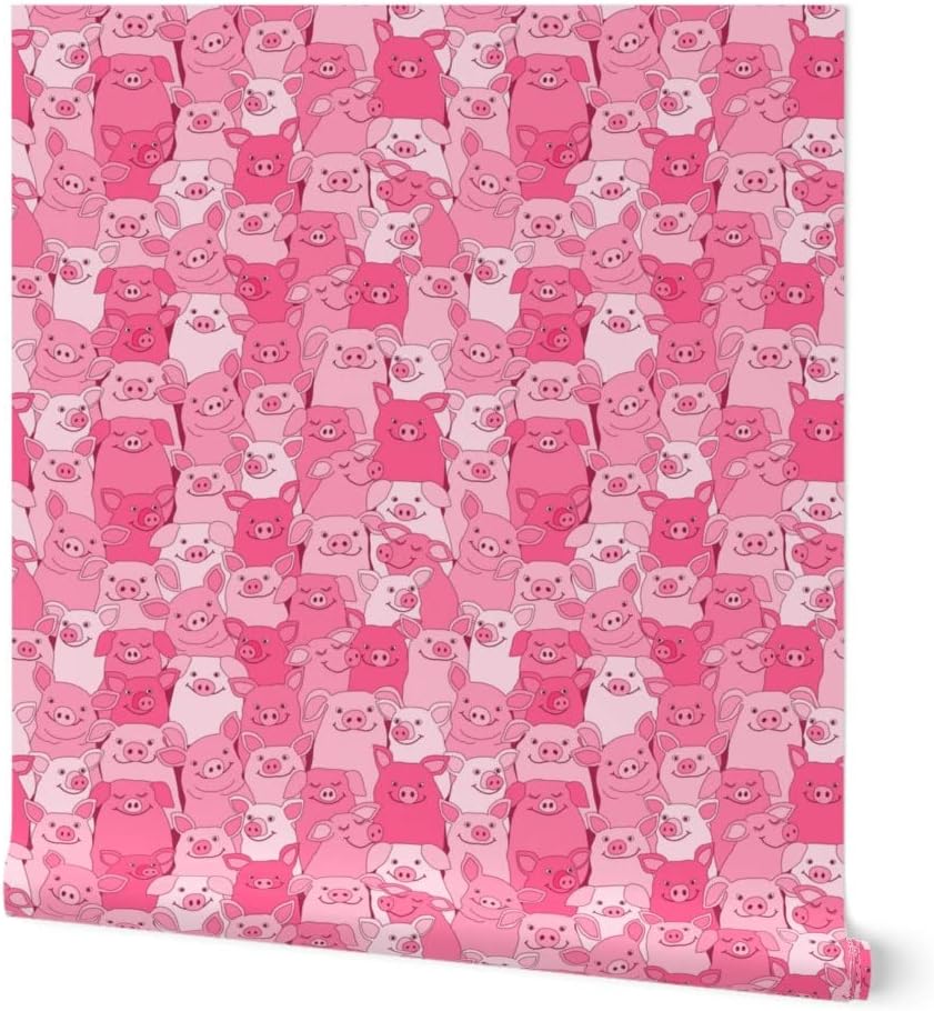 Spoonflower Peel & Stick Wallpaper 3ft x 2ft - Pink Pigs Barnyard Whimsical Cute Animals Cartoon Fun Farm Custom Removable Wallpaper