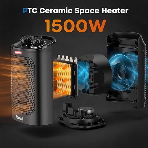 Miniatura 4 de ECOWELL Calentador de espacio portátil de 1500 W para uso en interiores, oscilante de 60°, ventilador eléctrico pequeño con termostato ajustable