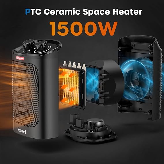 ECOWELL 1500W Portable Space Heater for Indoor Use, 60Oscillating,Small Electric Heater Fan with Adjustable Thermostat for Bedroom Office Desk