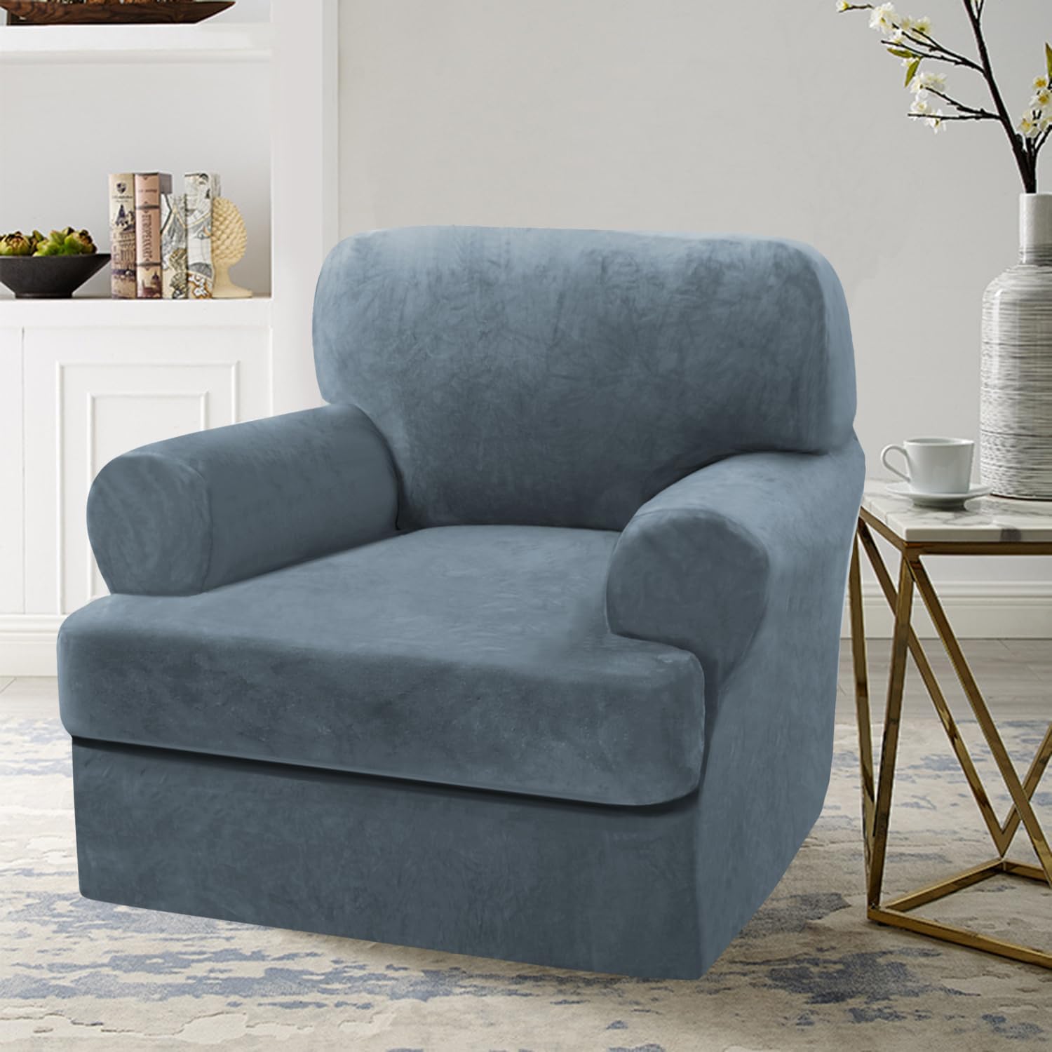 Stretch T Cushion Sofa Slipcover 2 Pieces Sofa Covers Thick Velvet Couch Cover Stretch Sofa Slip Covers Furniture Protector with 1 Individual T Cushion Washable (Stone Blue, Chair)