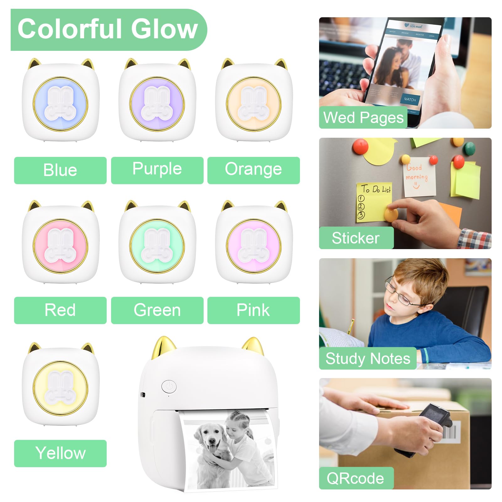 Stampante Fotografica Istantanea Portatile con LED, Termica Bluetooth Ricarica USB per Note Memo