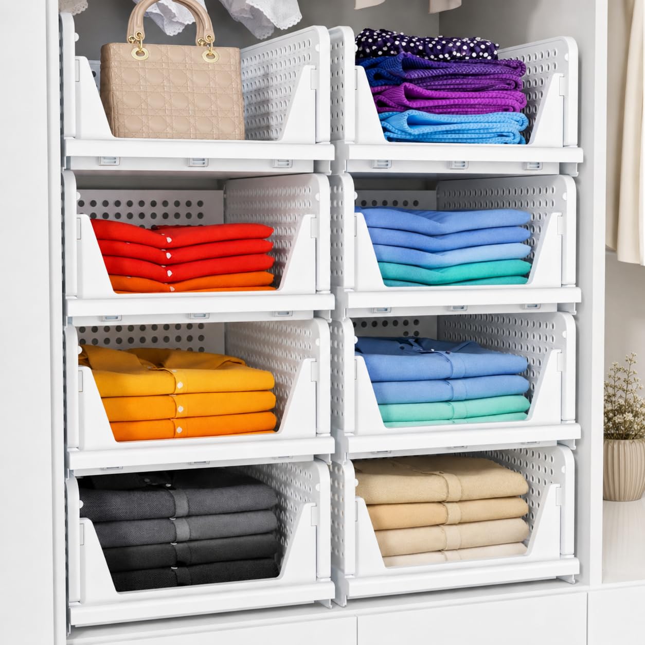 Carry Fitness 4 Pack Foldable Wardrobe Storage Organiser | Space Saving Foldable Drawer For Bedroom, Kitchen & Office | Multi-Purpose Stackable Organiser With Front Access | White