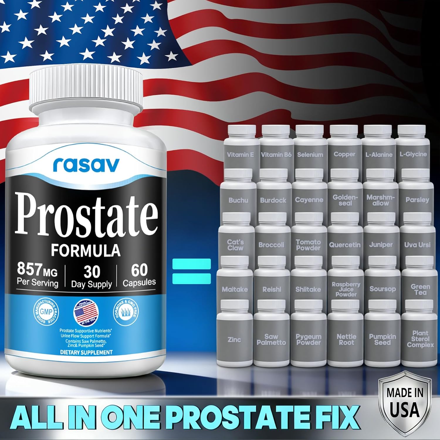 Rasav Prostate Health Supplement for Men with Saw Palmetto, Pygeum, Nettle & Pumpkin Seed, DHT Blocker - Helps Support Urinary Tract Health and Prostate Function, 60 Capsules - Image 2