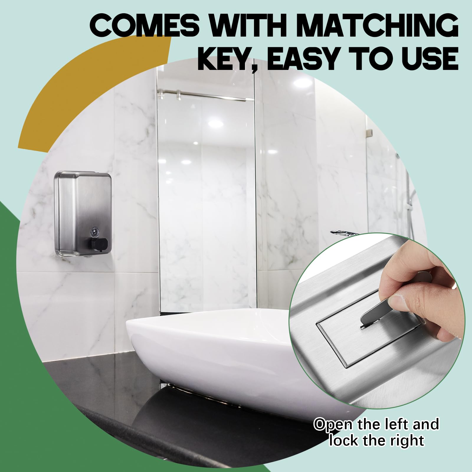Maxdot Dispensador de jabón comercial de acero inoxidable para montaje en pared, 38 onzas/1100 ml, con bomba manual antifugas para el hogar, baño, accesorios de cocina