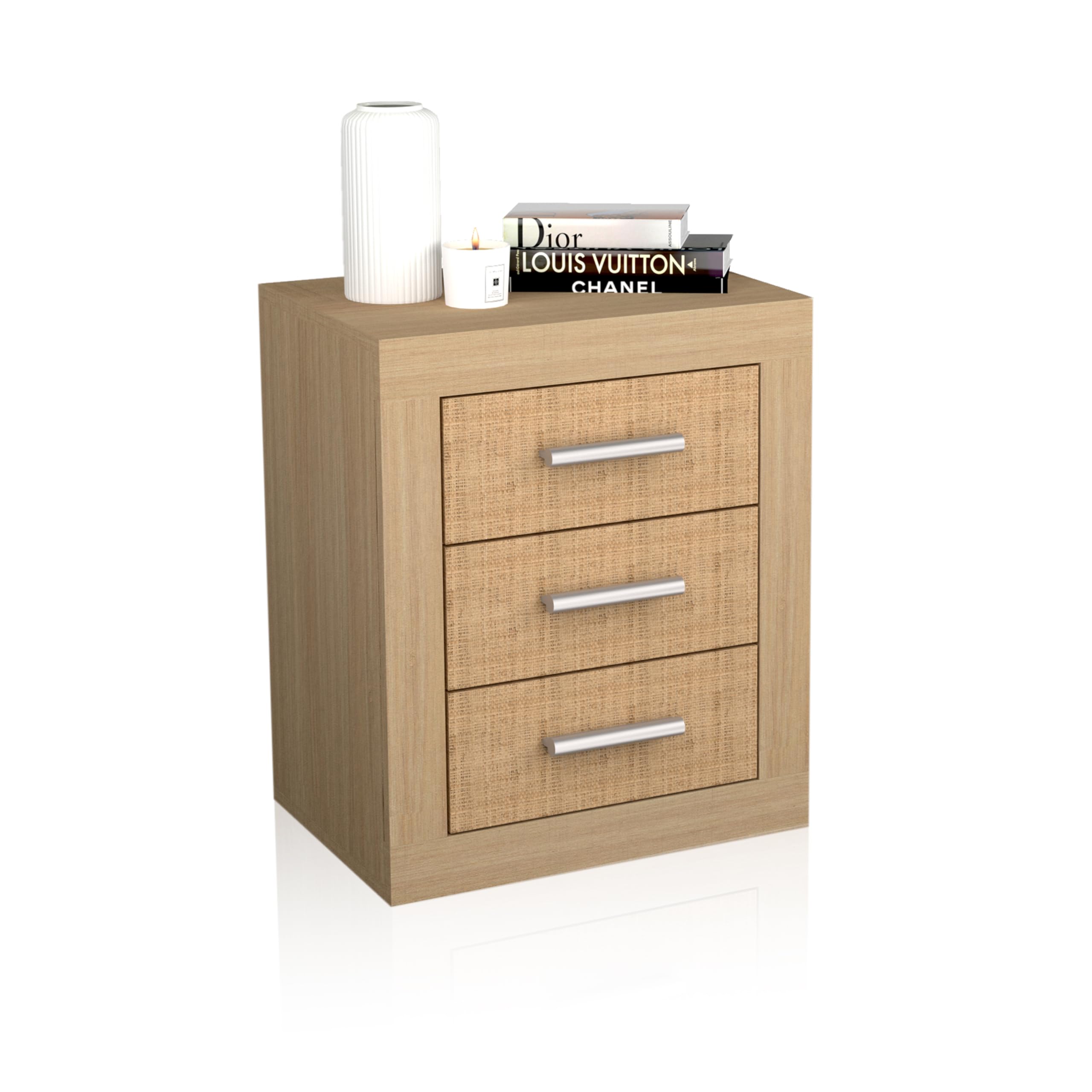 duehome | Mesita de Noche, Mesilla de Dormitorio, Modelo Kira, Acabado en Color Tofe y Textil, Medidas: 50 cm (Largo) x 34,6 cm (Fondo) x 60 cm (Alto)