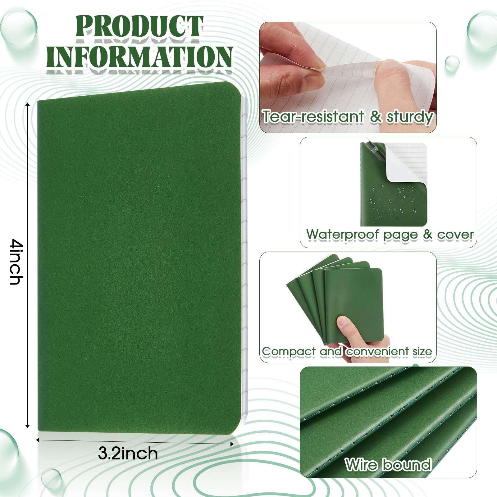 Qeeenar 12 Pcs Waterproof Pocket Notebook 3.2" x 4" Field Notebook Green All Weather Notepad Small Rain Waterproof Notepad for Memo Travel Outdoor Tactical Activities Write, 32 Sheet, 64 Page - Image 2