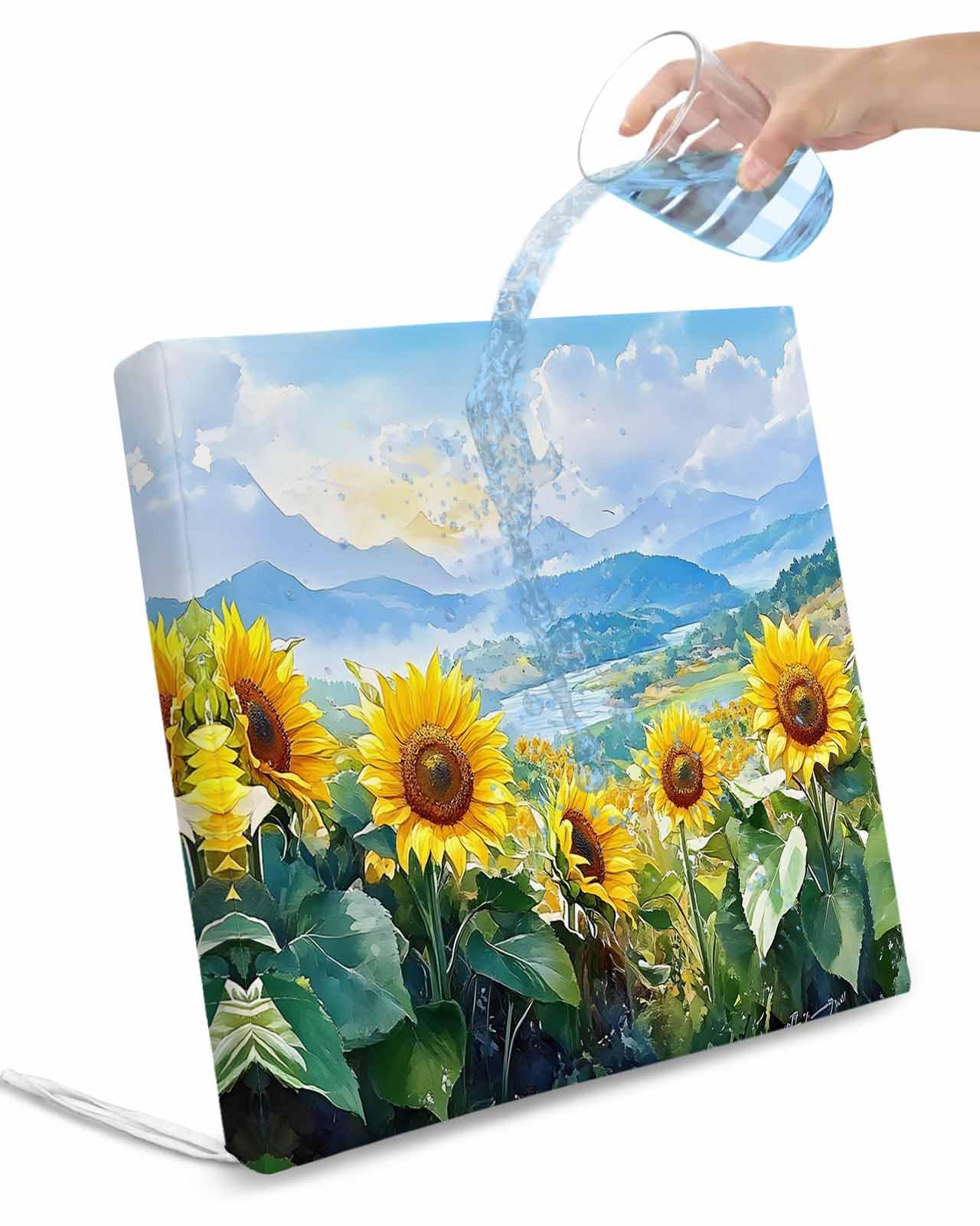 2 Pack Sunflower Summer Waterproof Cushion Covers with Ties, Outdoor Patio Chaise Lounge Chair Seat Cushion Slip Covers Replacement(Only Cover) Spring Field Vintage Botanical Flowers 20