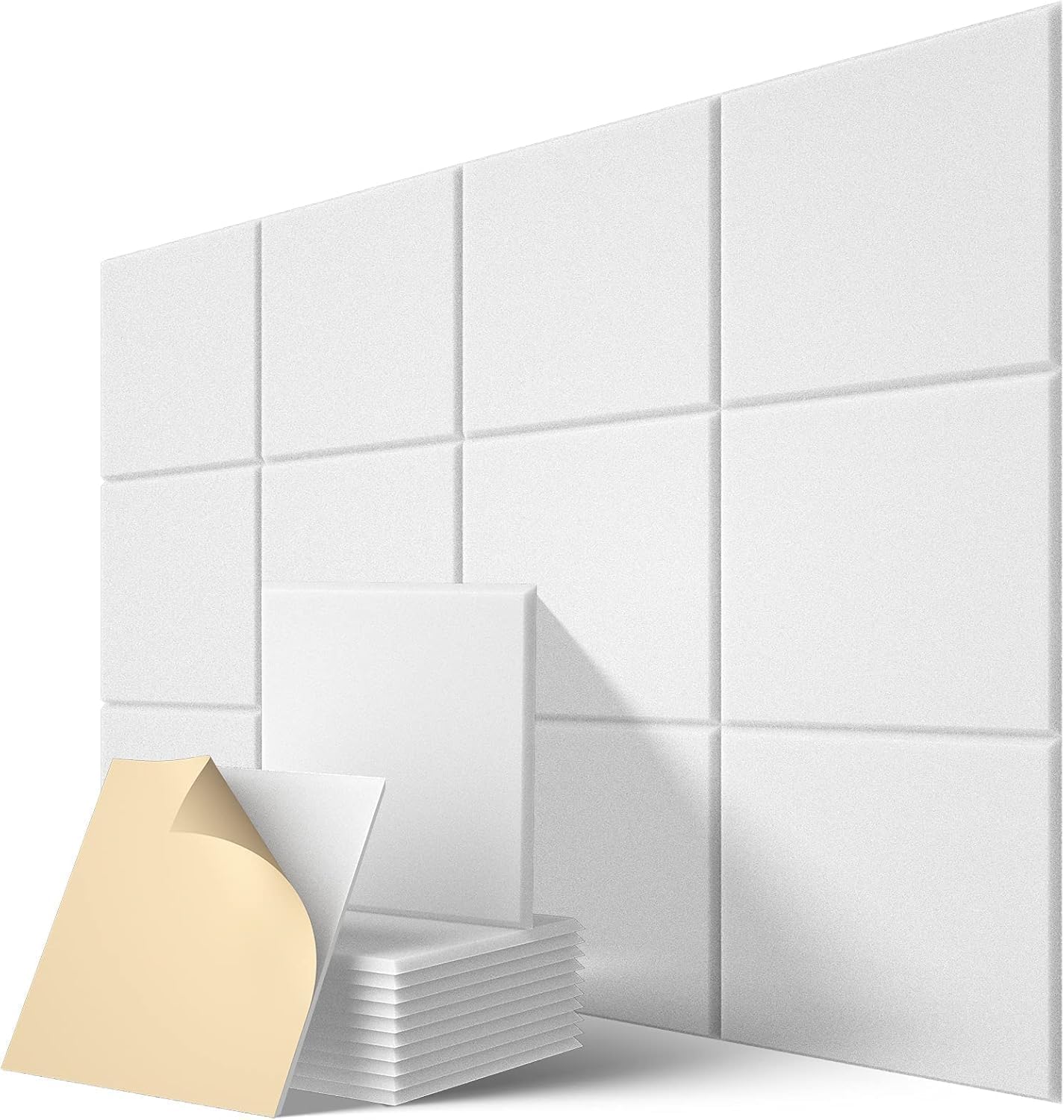 12 Pack Square Acoustic Panels Self-Adhesive, High Density Sound Proofing Panels for Walls, Sound Deadening Insulation Treatment Sound Absorbing for Studio, Office, Home, 30x30x0.9cm White