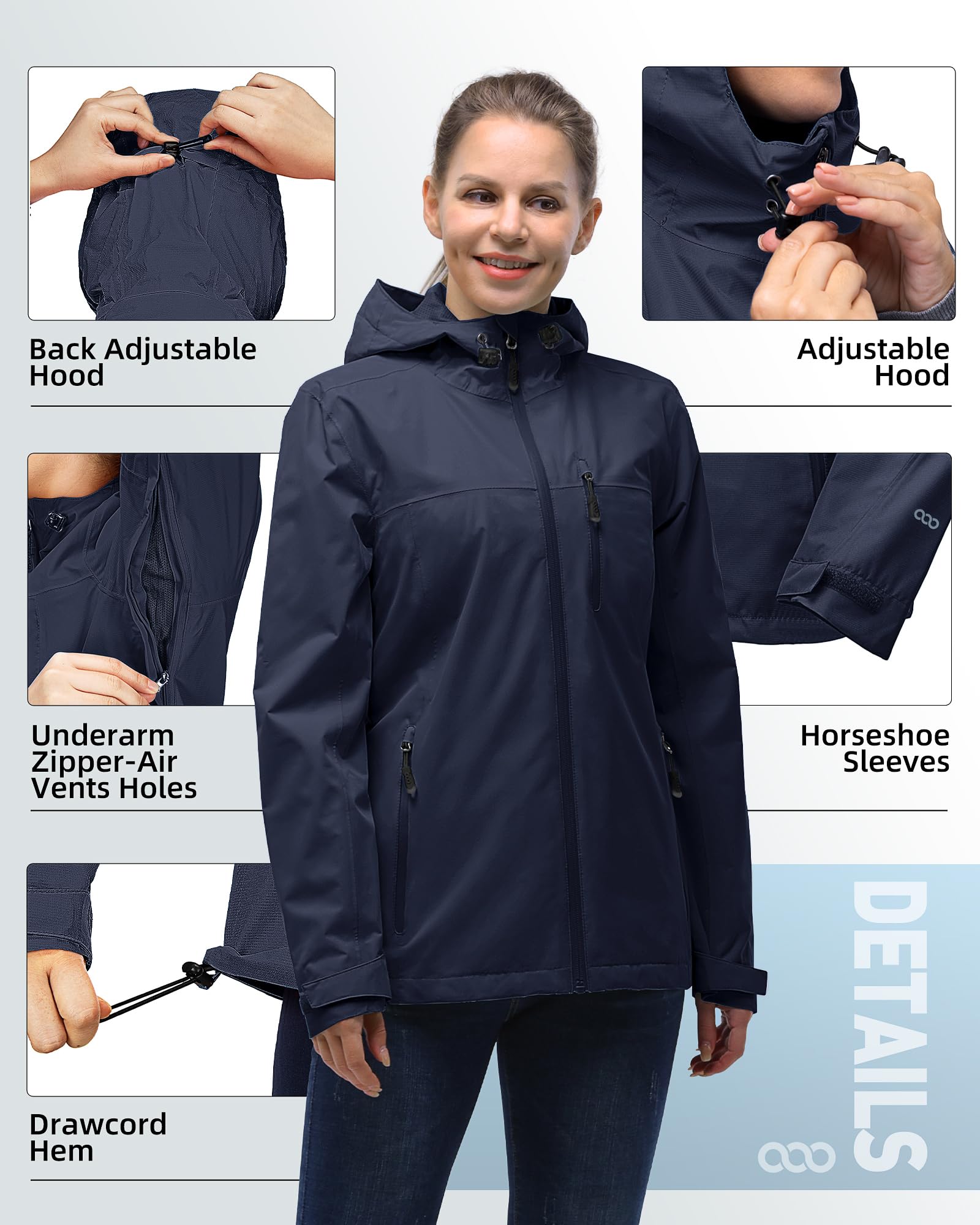 33,000ft Chubasquero para mujer, resistente al agua, chaqueta de exterior, transpirable, chaqueta de entretiempo, chaqueta ligera con capucha, cortavientos, para senderismo, viajes, senderismo y