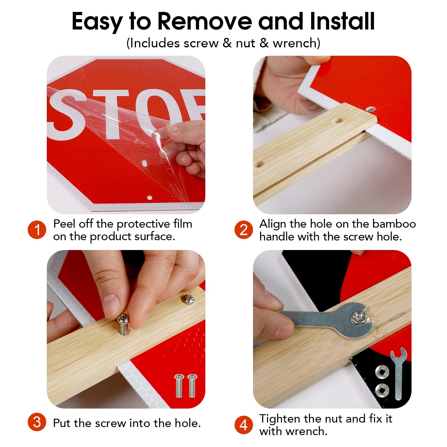 Stop Slow Sign with Bamboo Handle, 2-Pack 13" x 13" Double Sided Engineer Grade Aluminum Sign, Reflective,Sturdy, Easy to Assemble - Image 4