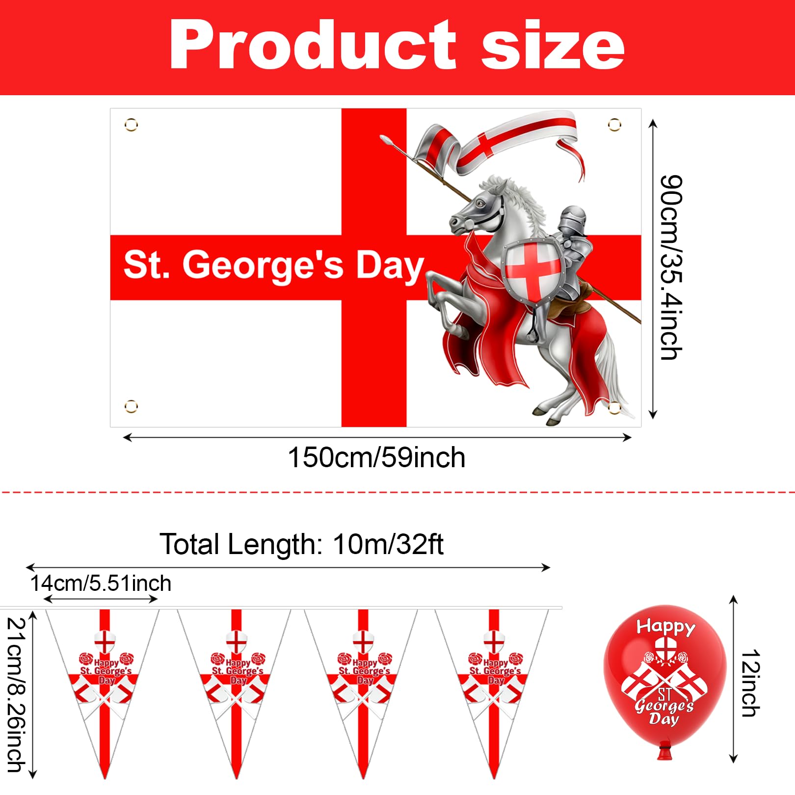 St Georges Flag, Happy St. George's Day Decorations Bunting with Balloons for England National Backdrop Decorations — view 3
