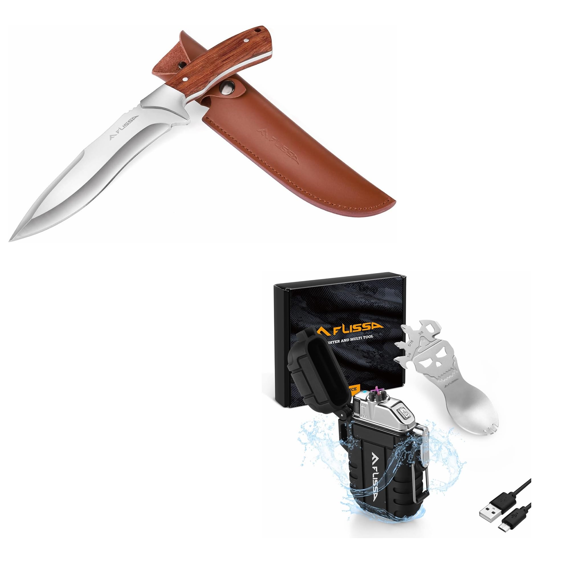 FLISSA Hunting Knife with Leather Sheath Outdoors Windproof Flameless Dual Arc Lighters with Multifunction Spoon