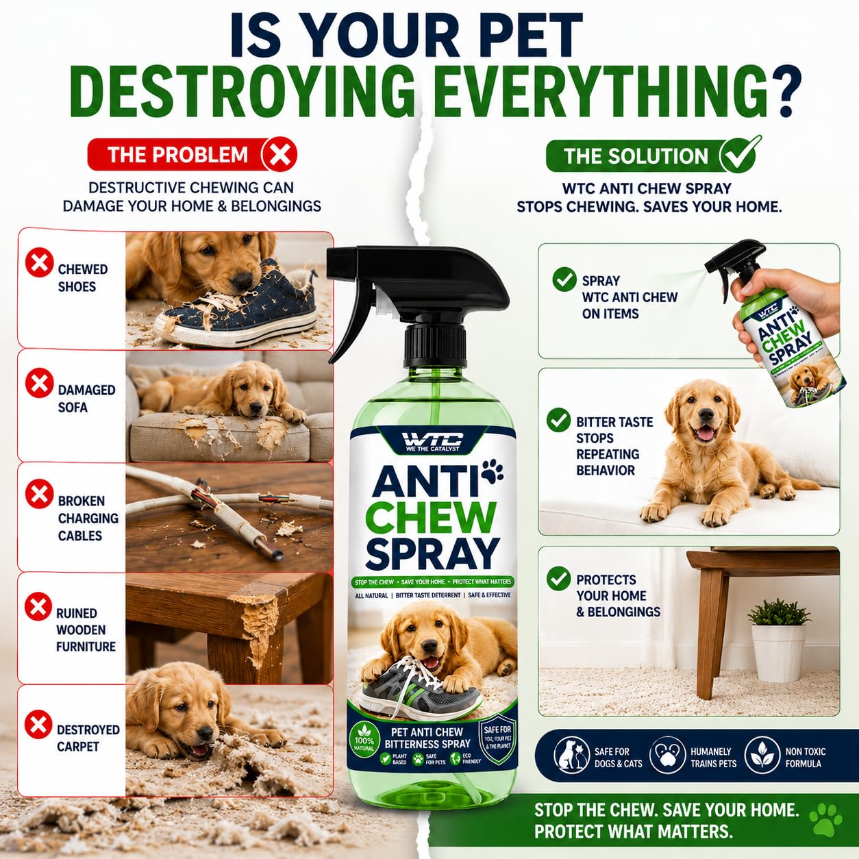 WTC Bitter Apple Spray 500 ml for Dogs to Stop Chewing | Puppy and Dog Chewing Spray Deterrent | Anti Chew Extra Strength Pet Corrector | Safe for Indoors & Outdoors 1