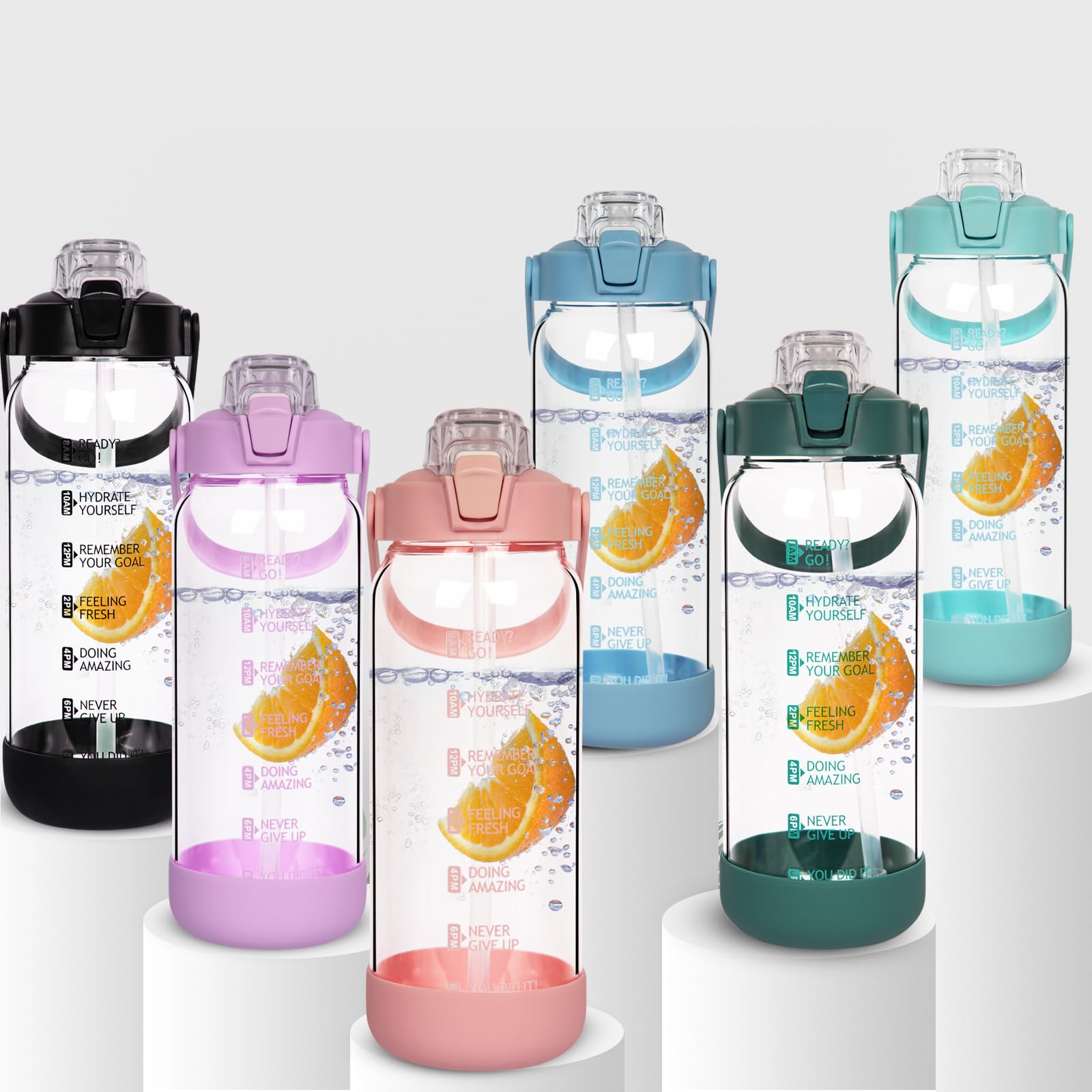 2 litros Botella Agua Vidrio Deportiva de con Pajita y Marca de Tiempo Motivacionales, 2l Grande Botella Agua Cristal a Prueba de Fugas para Gimnasio