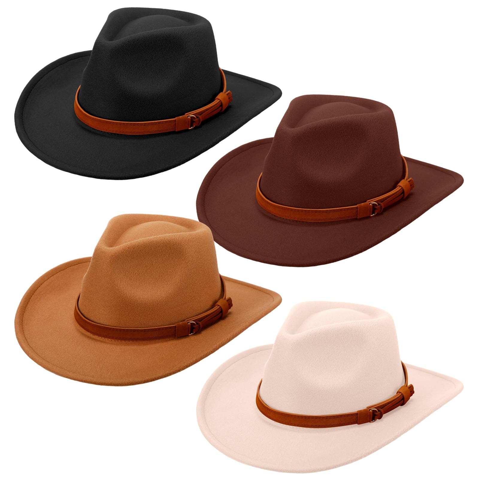 Breathffy 4 Pcs Cowboy Hat Felt Wide Brim Cowgirl Hats with Belt Classic Outdoor Western style for Women Men Adults (Black,Coffee,Camel,Beige)