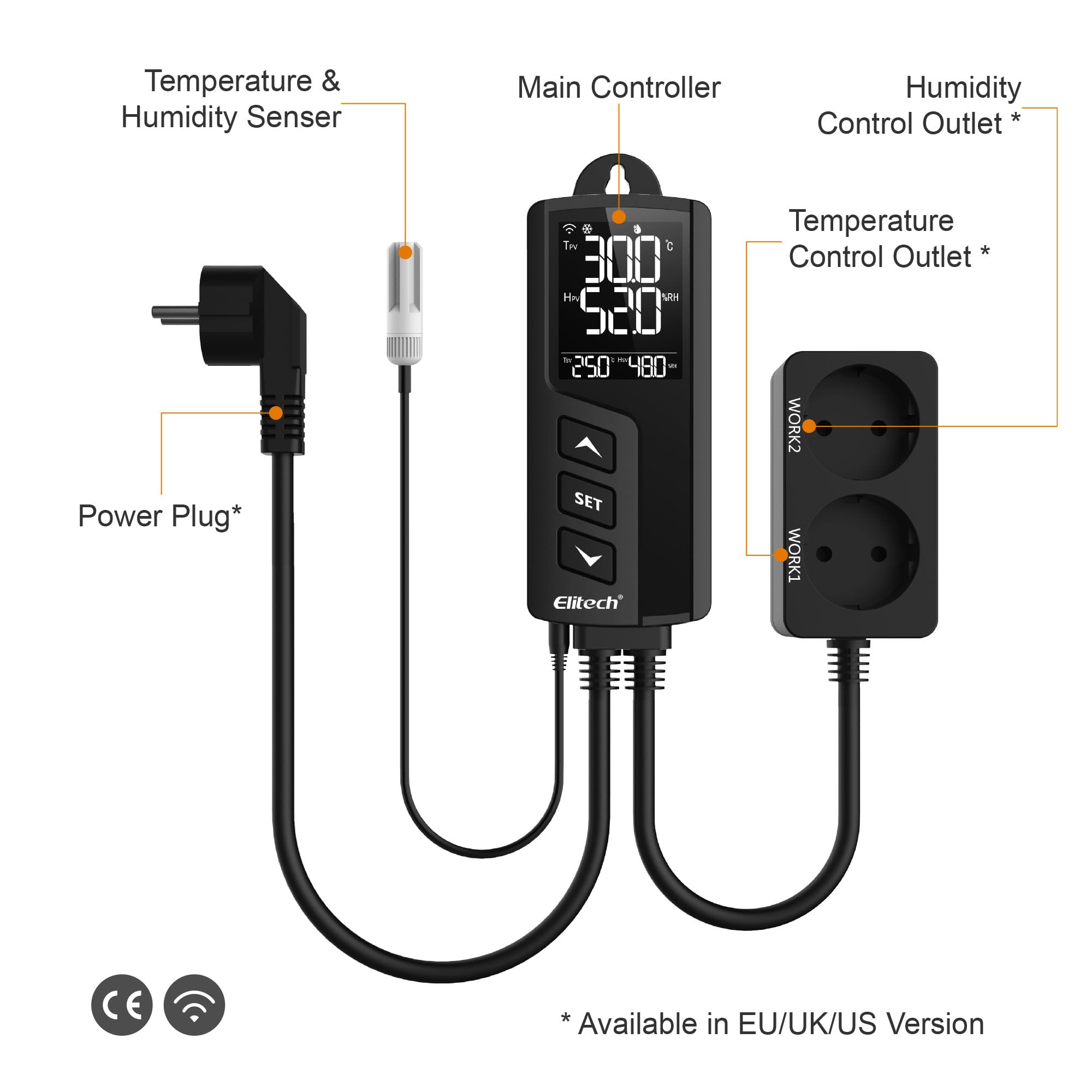 Elitech STC-1000PROTH WIFI Regolatore digitale di temperatura e umidità Termostato 2 uscite precablate per riscaldamento e raffreddamento Terrario Homebrew Fermentazione Allevamento 110V 10A 1200W