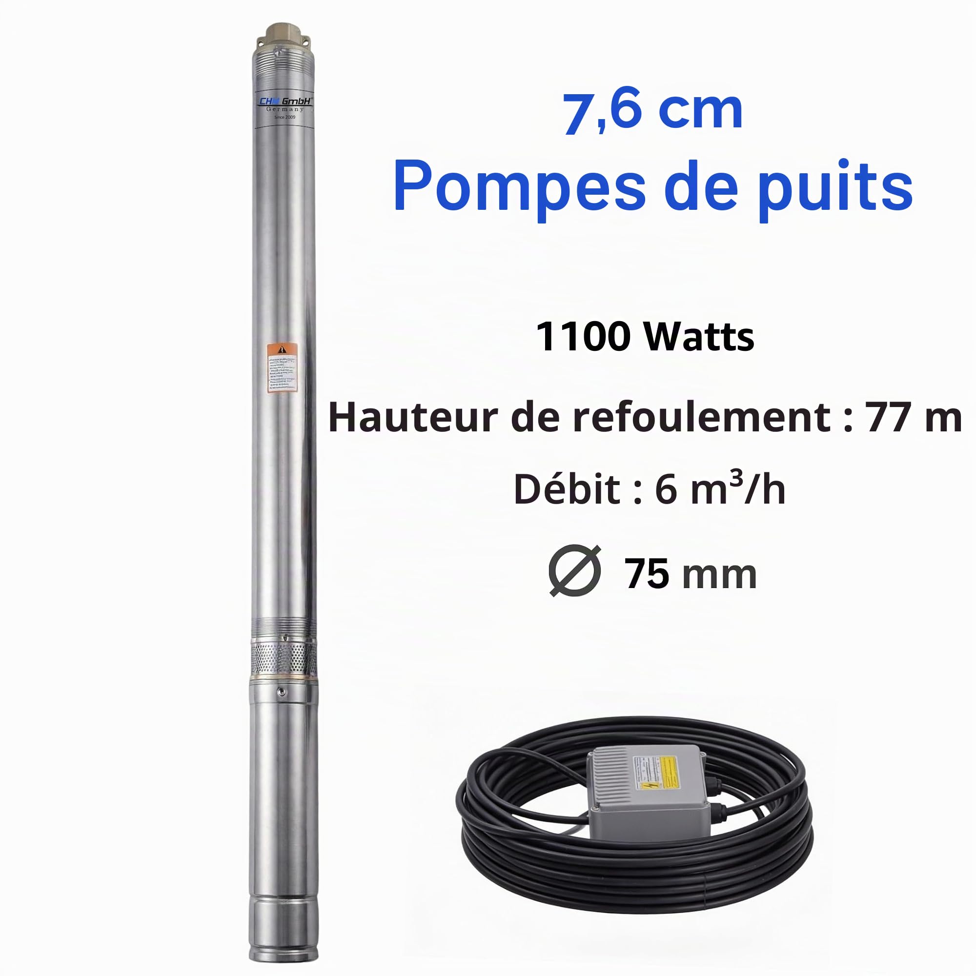 Pompe de puits profonde 3" 1100 W 6000 l/h 7,7 bar pression 25 m câble et disjoncteur moteur 5 % compatible avec le sable