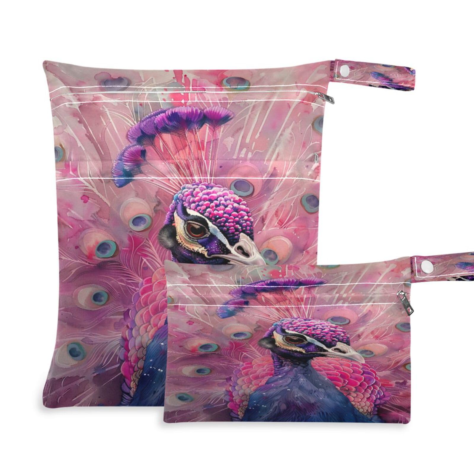 ATTX Watercolor Peacock Wet Dry Bags 2-Pack - Reusable Cloth Diaper Storage for Travel, Beach & Gym | Multi-Use Waterproof Bags for Swimsuits, Baby Clothes, Sports Gear#432