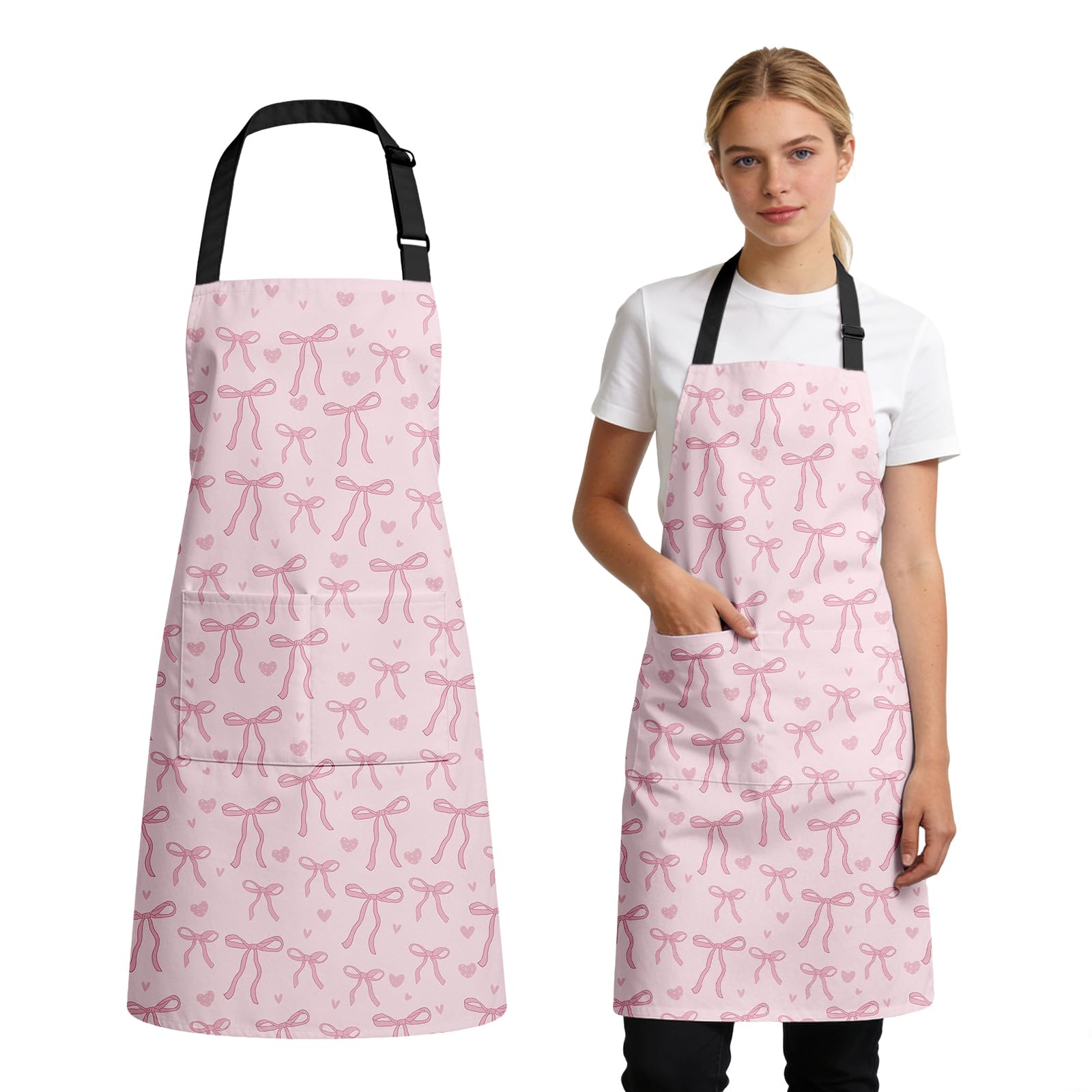 NEIUJADK Pink Bowknot Apron With Pocket, Waterproof Adjustable Cute Bow Apron for Women, Pink Bows Gift Aprons for Chef Kitchen, Gardening, Restaurant, Barbecue, Coffee