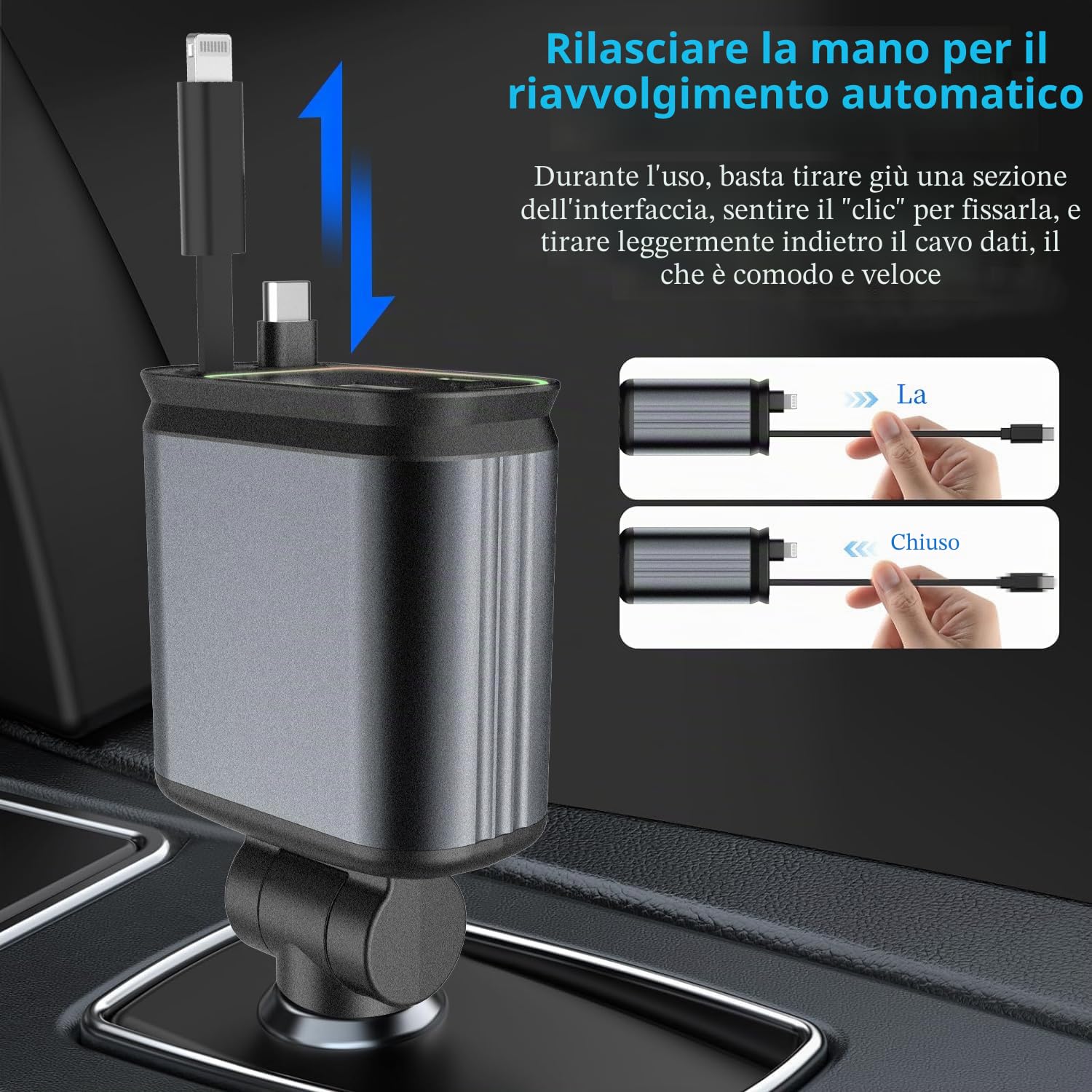 4 In 1 Caricatore Auto USB C 66W, Carica Batteria per Auto Cellulare con Luce Stellata, 12V/24V Caricabatteria da Auto Retrattile usb-C/usb-A, per iPhone 16/15/14, iPad, Android