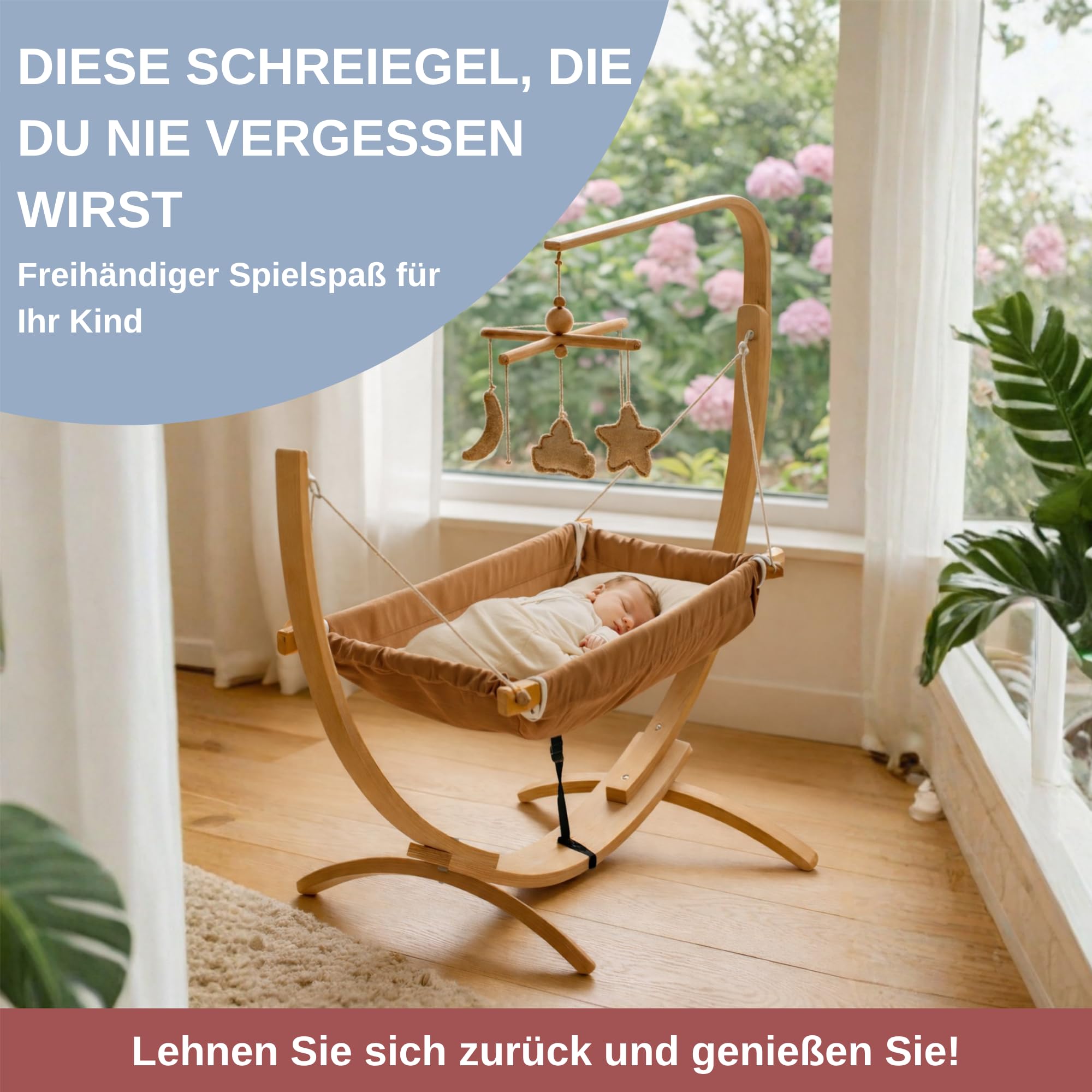 Kinder-Hängematte mit Holzgestell – Ergonomische 66×150 cm Hängeliege für 3–5 Jahre I Weicher Atmungsaktiver Stoff & Sanftes Schaukelgefühl I Tragbar & Vielseitig Nutzbar – Beige