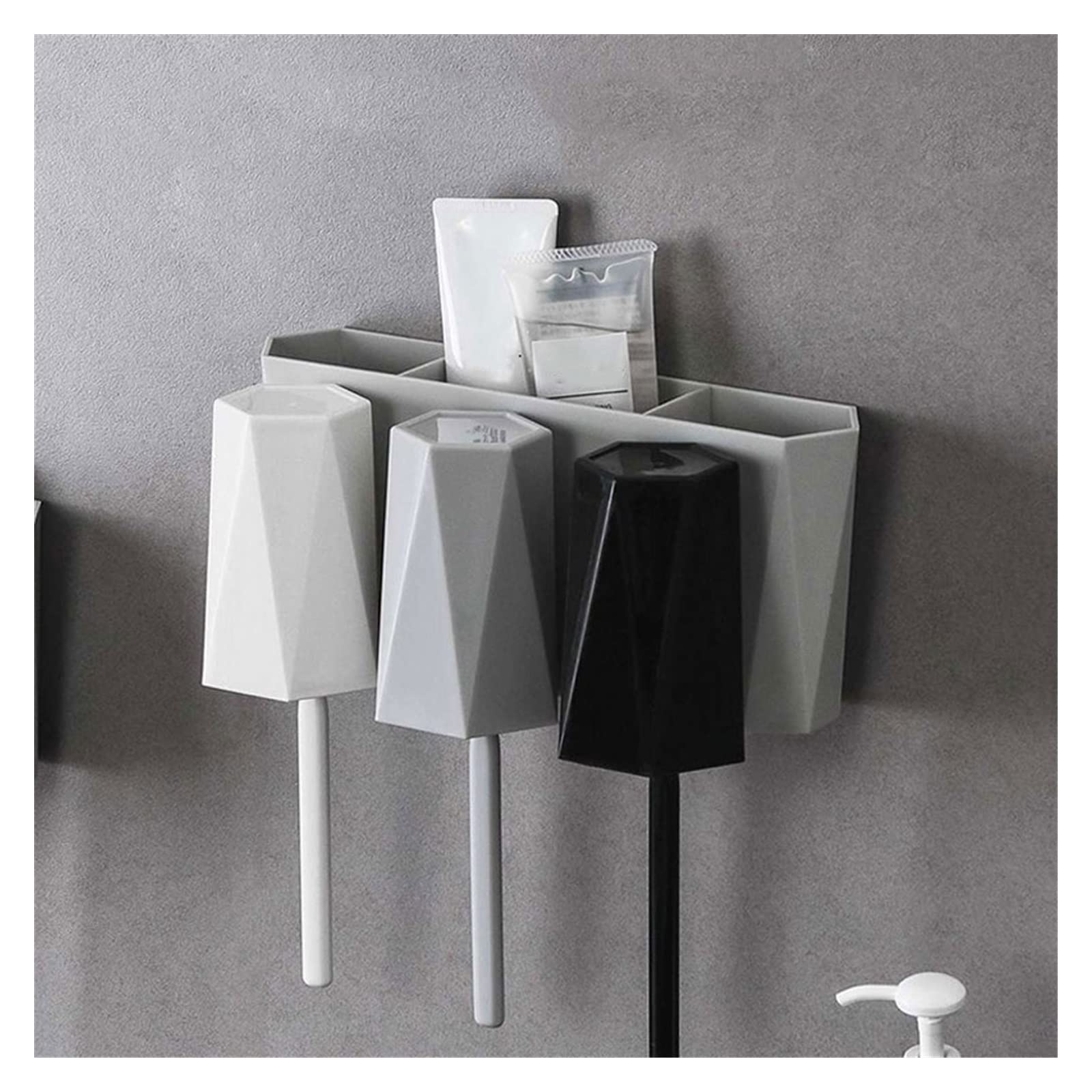 Soporte de Pared para cepillos de Dientes, Estante de Almacenamiento para baño sin Agujeros con Tres lavabos y Vasos para Pasta de Dientes y Maquillaje (C)