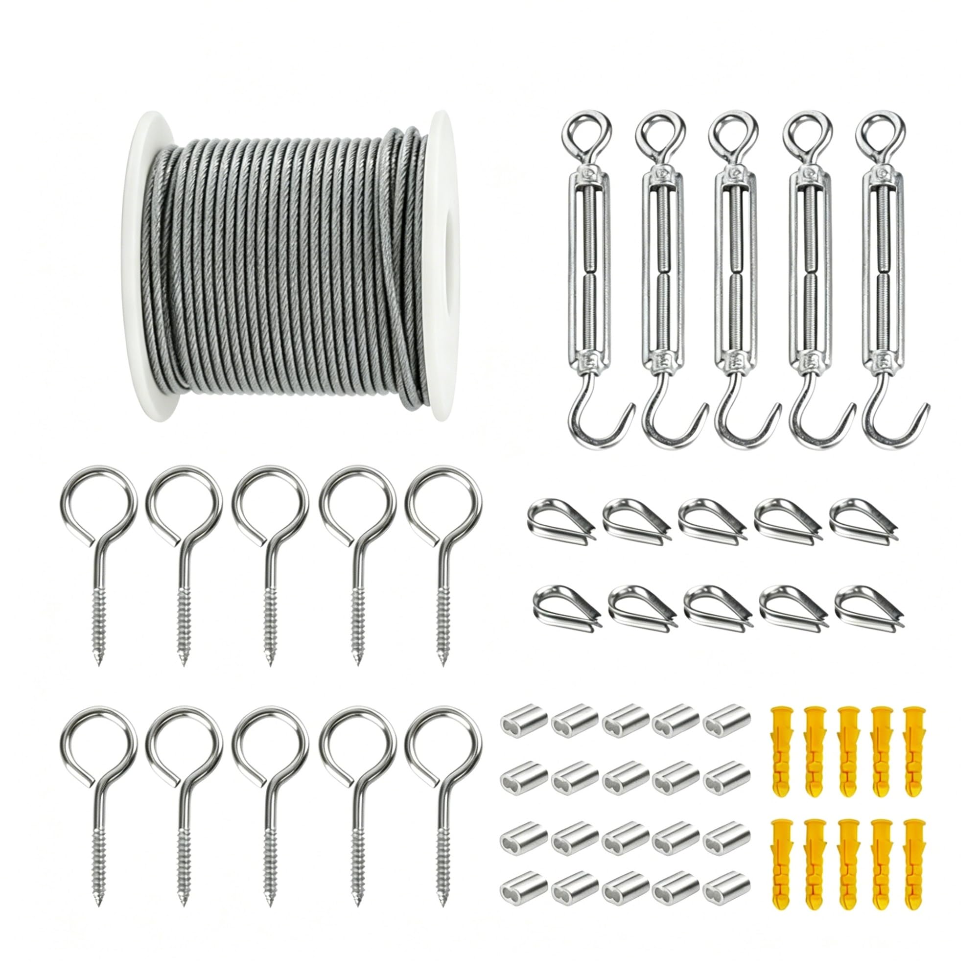 Stainless Steel Wire Rope Kit, 7x7 Strands, 15/25/30/50M, Turnbuckle Tensioner Set, for String Lights, Plants, Outdoor Garden(A-50m)